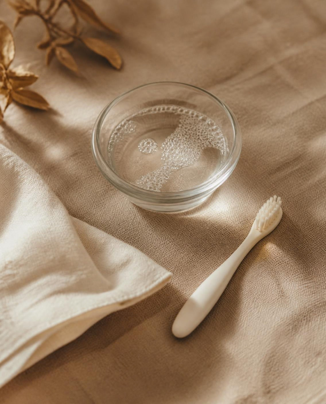 A small glass bowl of warm soapy water, a soft baby toothbrush and a linen cloth for cleaning jewelry at home