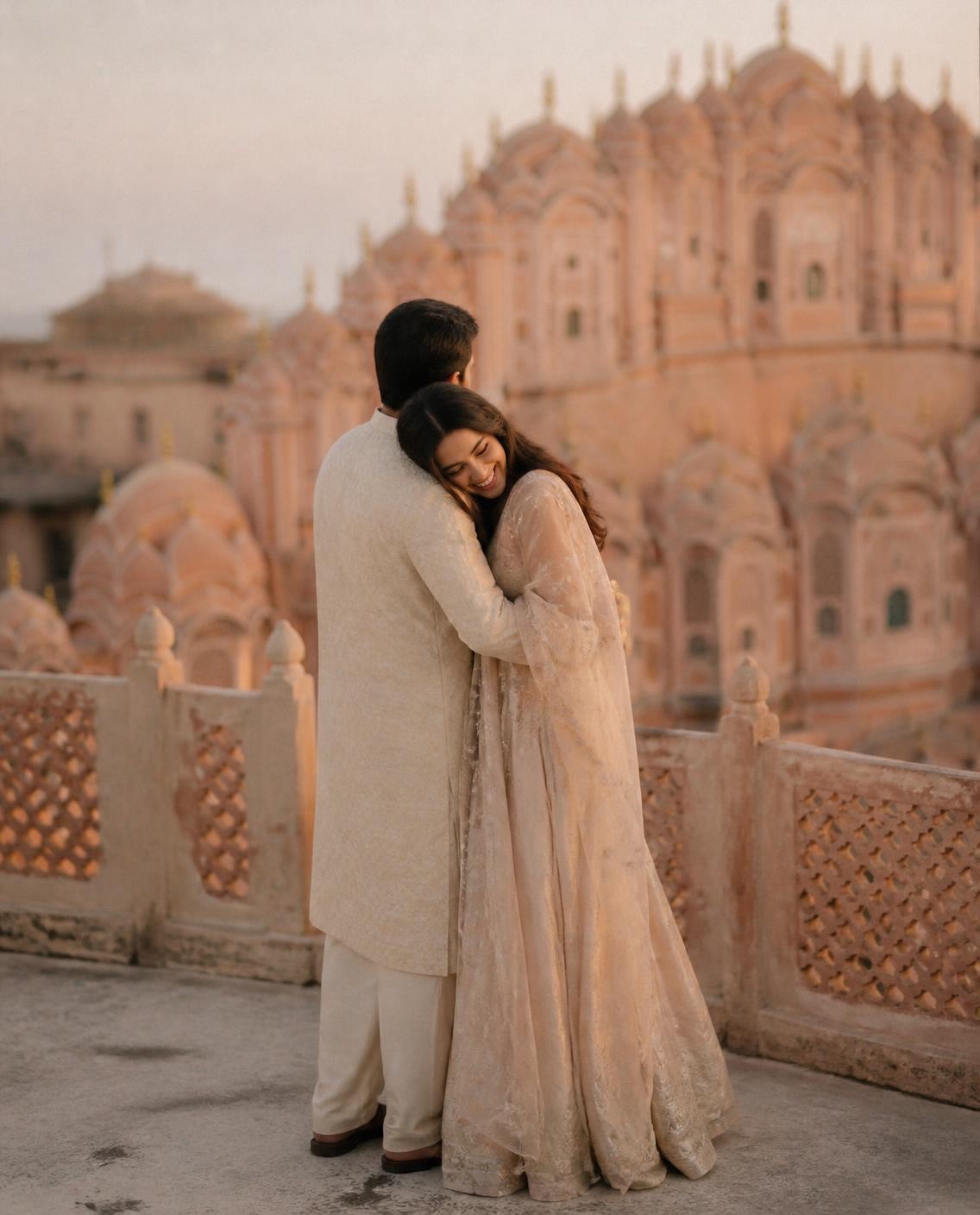 Illustrative example of a proposal photo added to a Piece Passport, a couple embracing on a rooftop terrace in Jaipur at golden hour