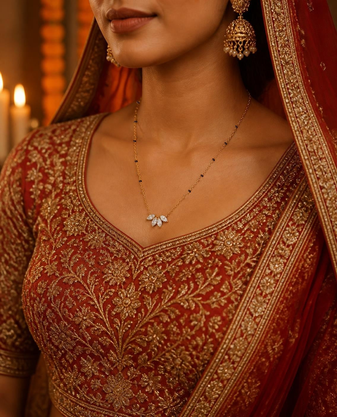 Illustrative example of a wedding photo added to a Piece Passport, a bride in a red lehenga wearing the Love in Bloom Mangalsutra