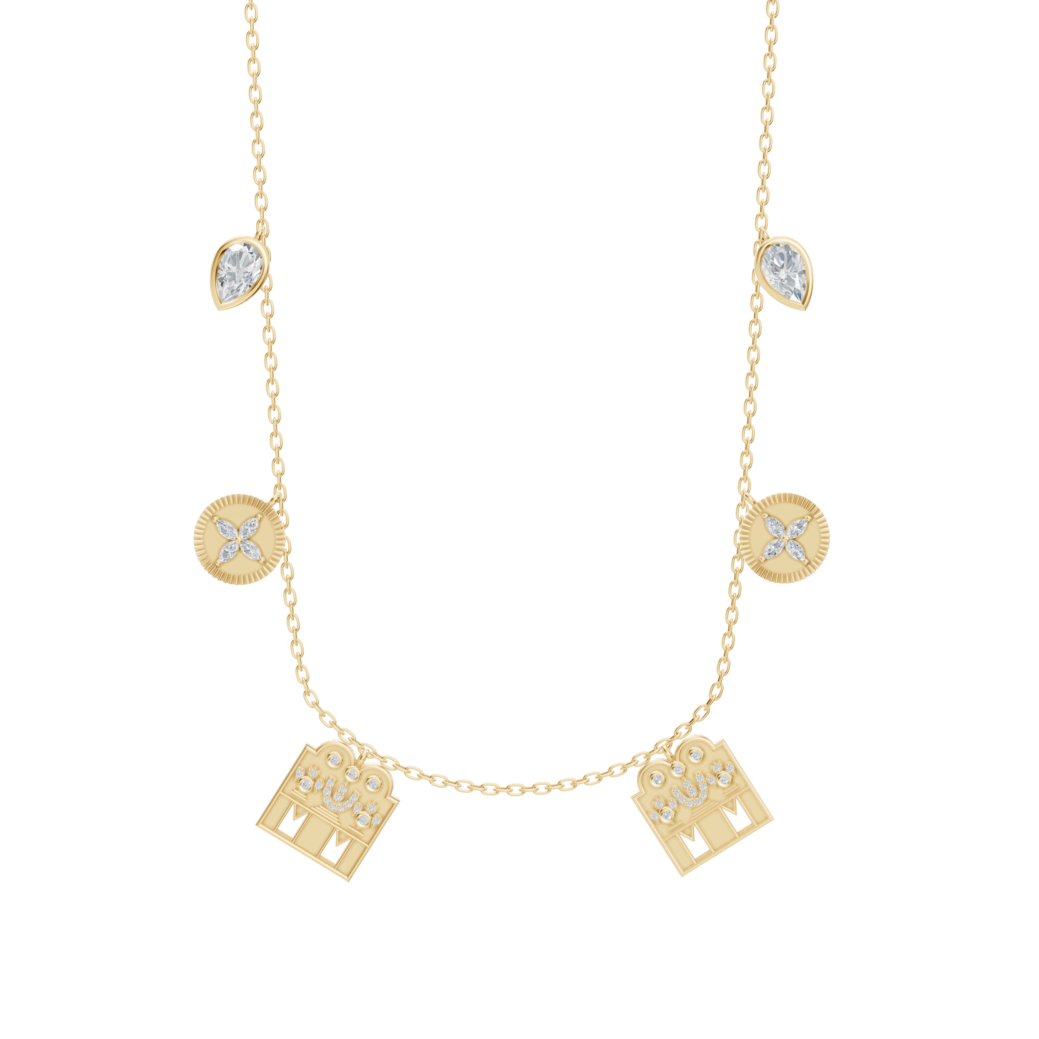 Yellow gold Monica Mangalayam mangalsutra by Modern Mangal featuring dual diamond Shivling pendants, marquise flower coin charms, and pear bezel diamonds symbolizing sacred union and prosperity.