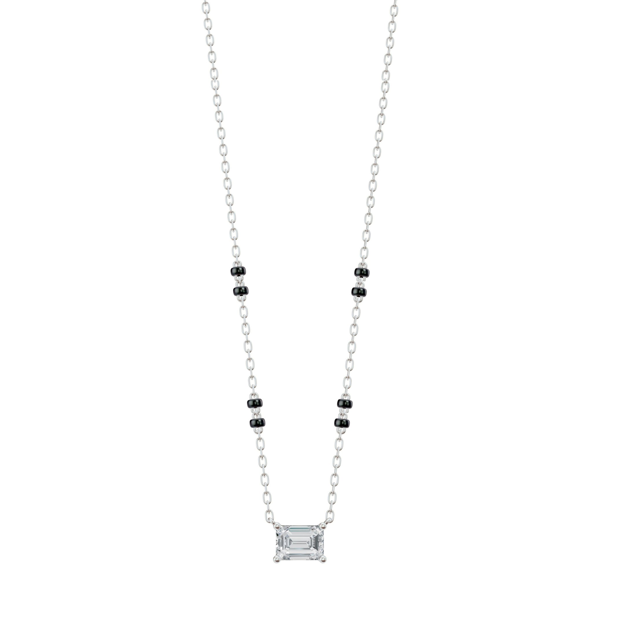Front-facing image of the Modern Mangal Karishma Mangalsutra in white gold, featuring a horizontally aligned emerald-cut diamond and dual black bead strands with 4-bead spacing.