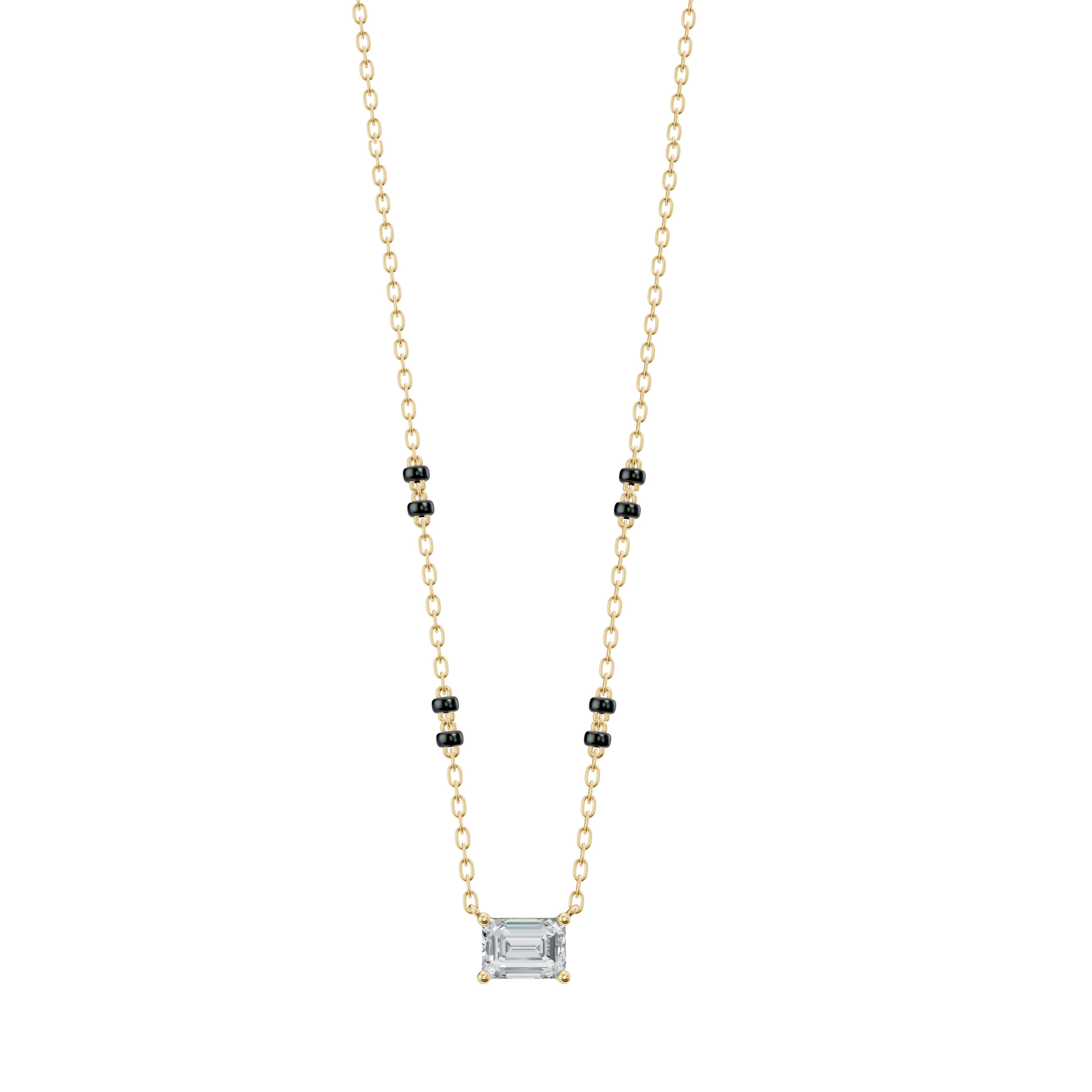 Front product image of the Modern Mangal Karishma Mangalsutra in yellow gold, showcasing an East-West set emerald-cut diamond pendant and 4-bead spaced dual black bead chain.