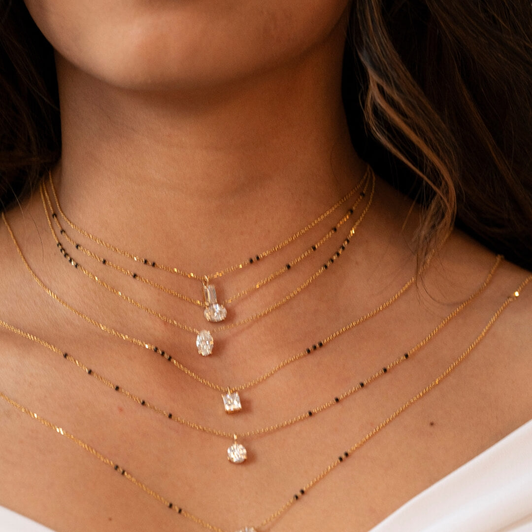 Image depicting a woman's neck showcasing different mangalsutra designs from Modern Mangal