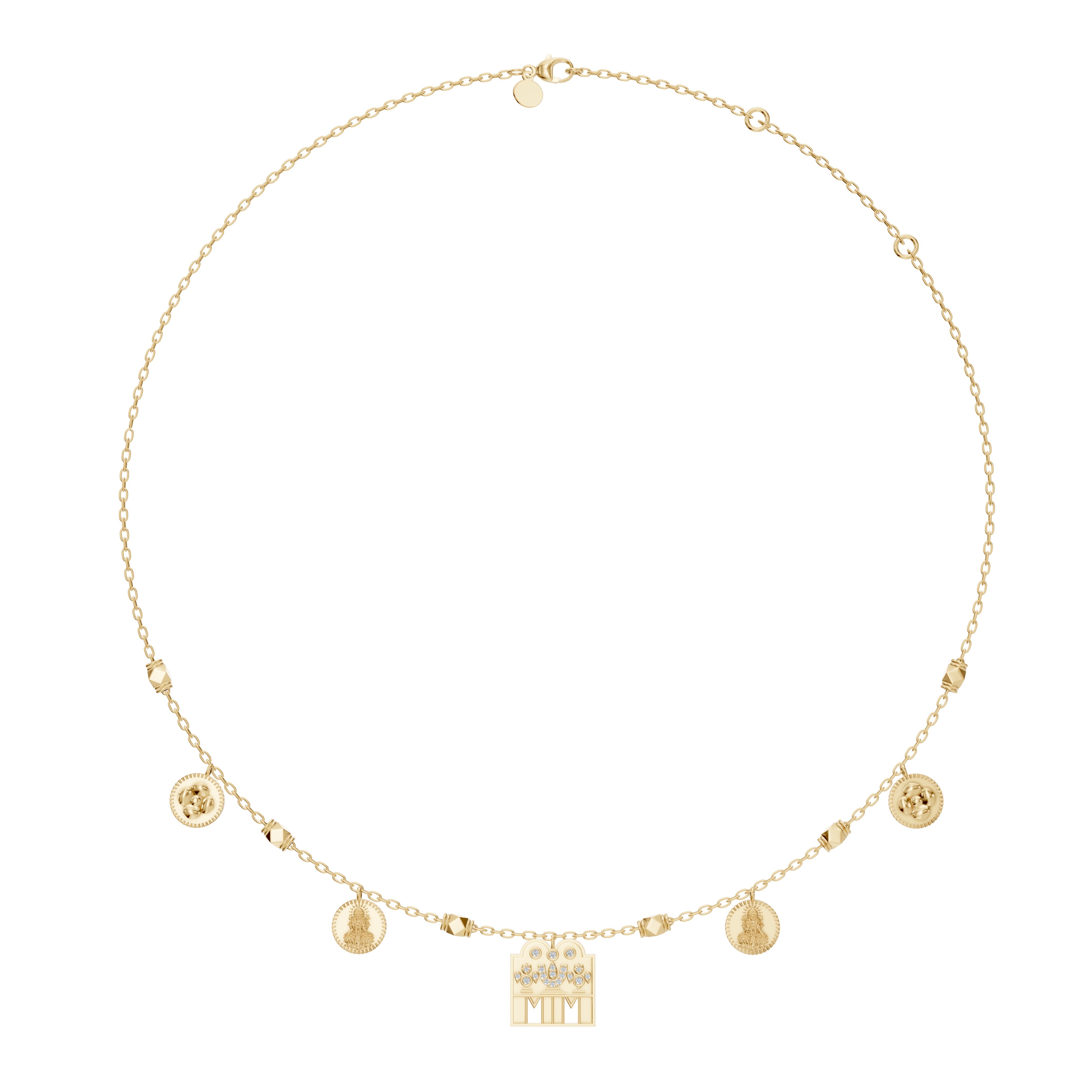 Modern Mangal's Sravya Mangalayam in yellow gold shown as full product image, featuring diamond-encrusted Shivling pendant with Lakshmi and flower kasu charms in a Tamil charm-style mangalsutra.