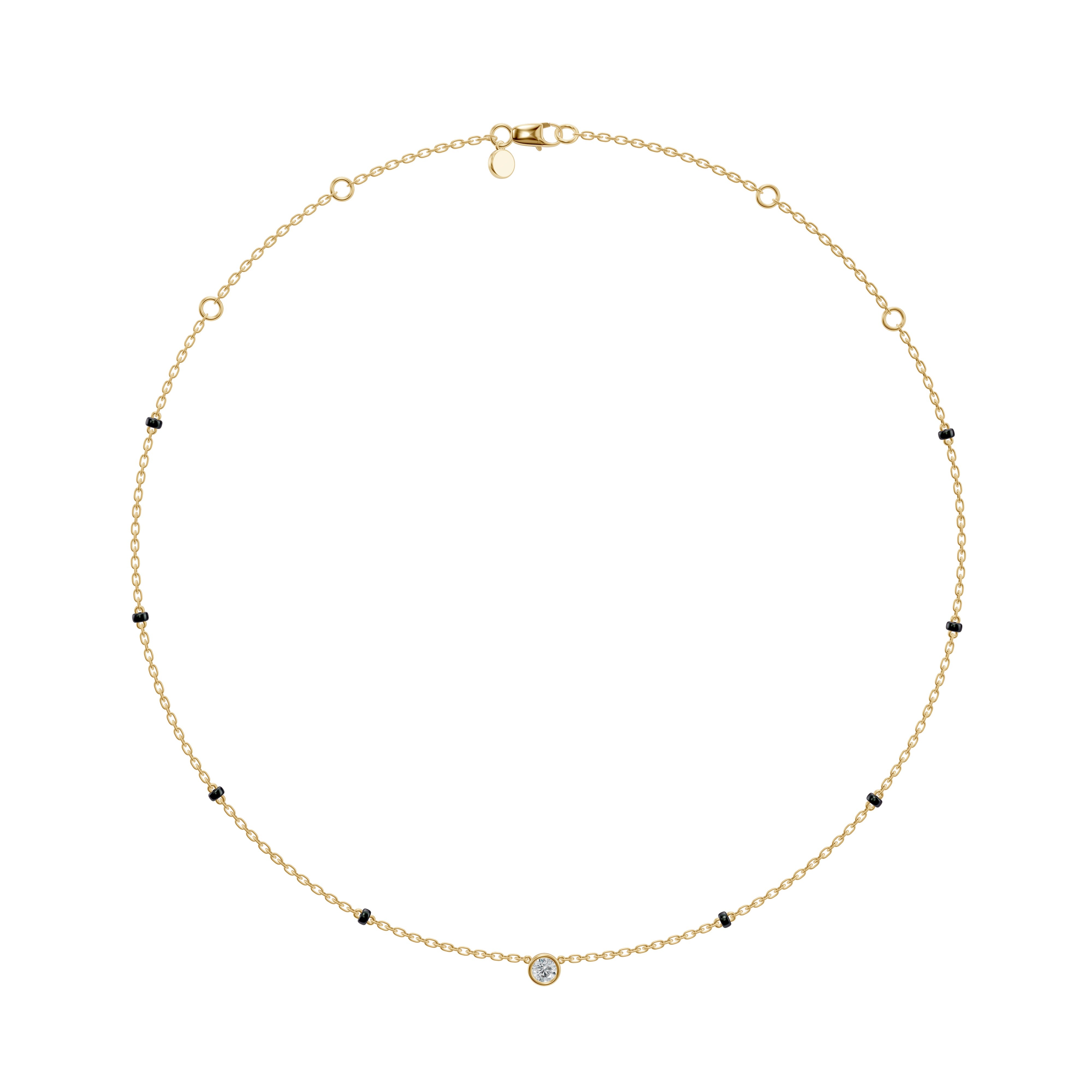 Full-length view of the yellow gold Modern Mangal Minnie Mangalsutra, highlighting the minimal round diamond pendant and 3-bead spaced dual strand chain.
