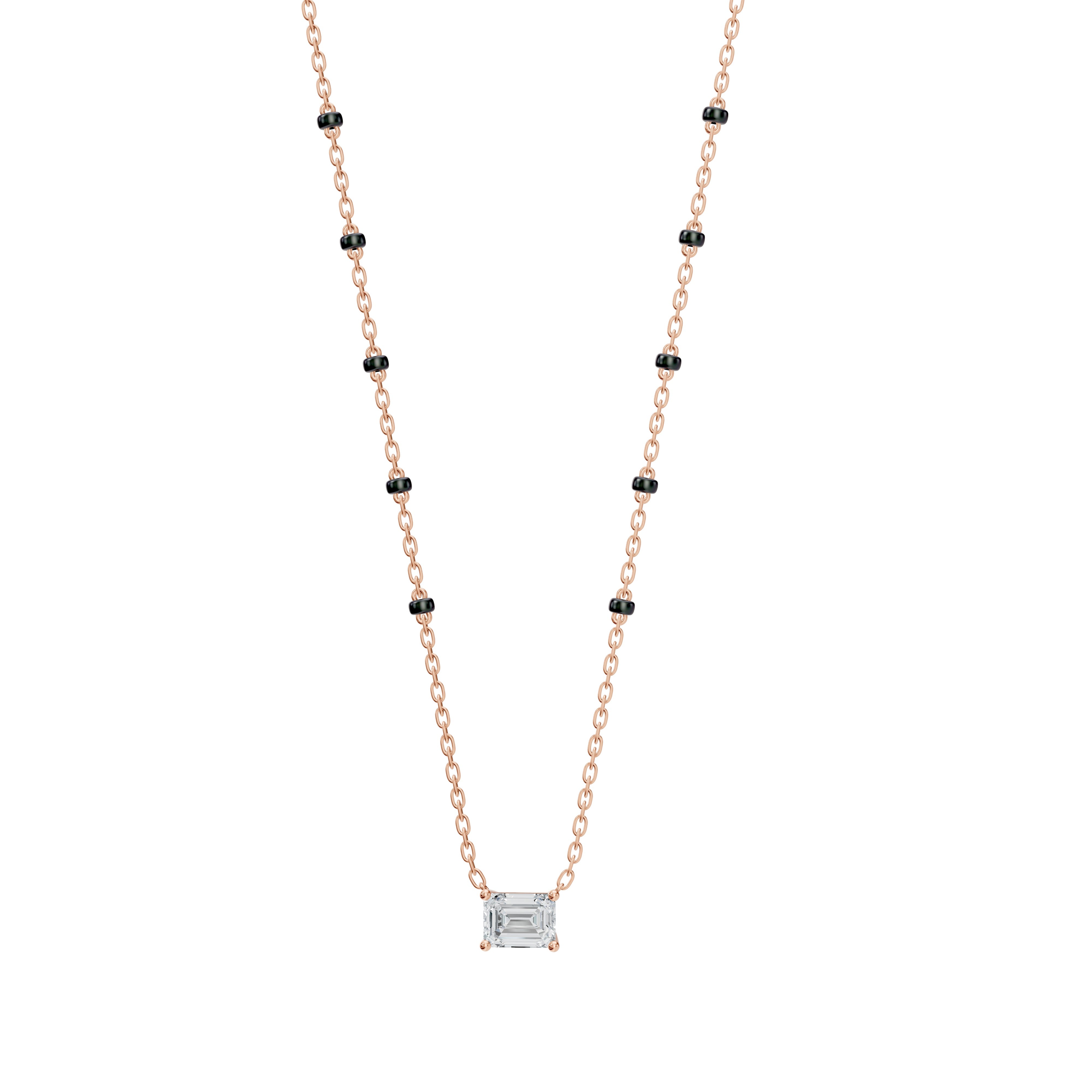Main product image of the Modern Mangal rose gold Aanchal mangalsutra, featuring a soft-hued setting for the emerald-cut diamonds and a spaced 5-beaded black chain.