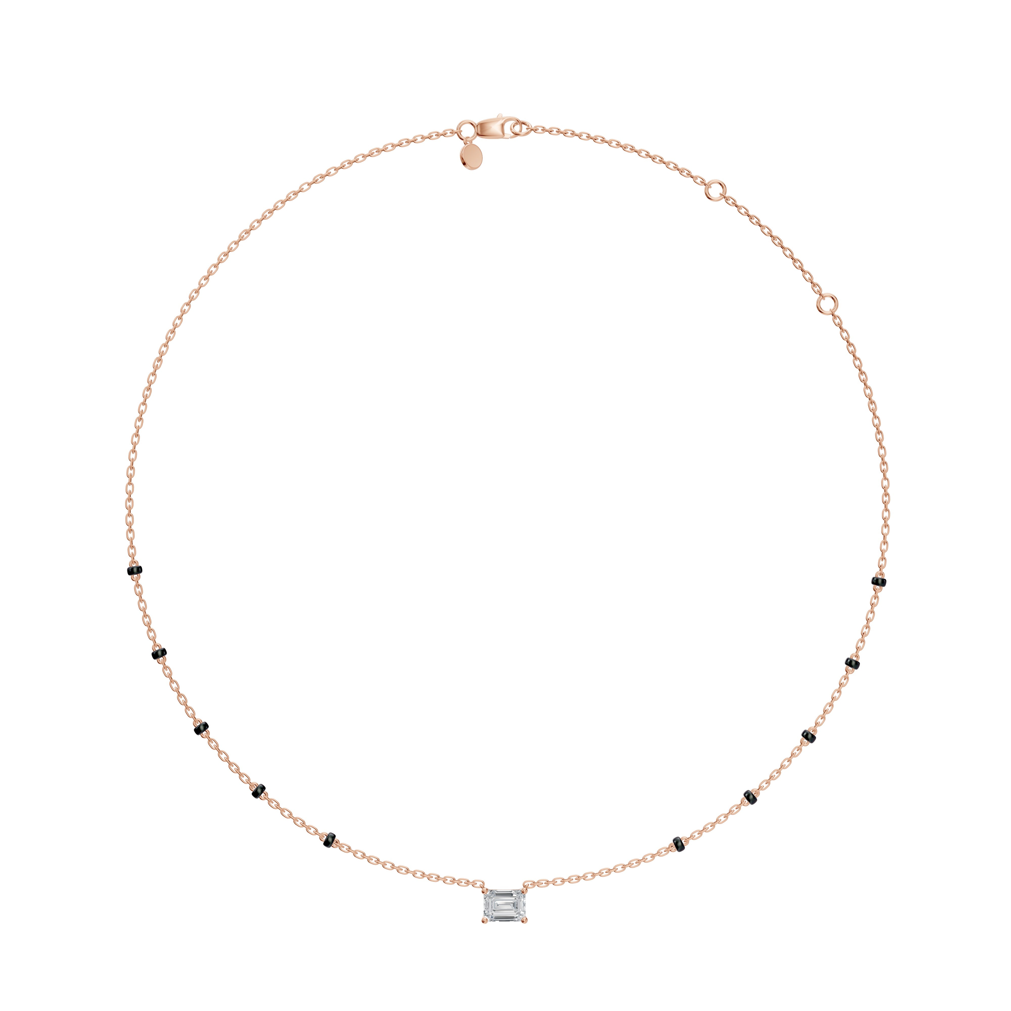 Full view of the Modern Mangal rose gold Aanchal mangalsutra, with a dual black bead chain in a spaced 5-bead design and an emerald-cut diamond pendant with a warm blush undertone