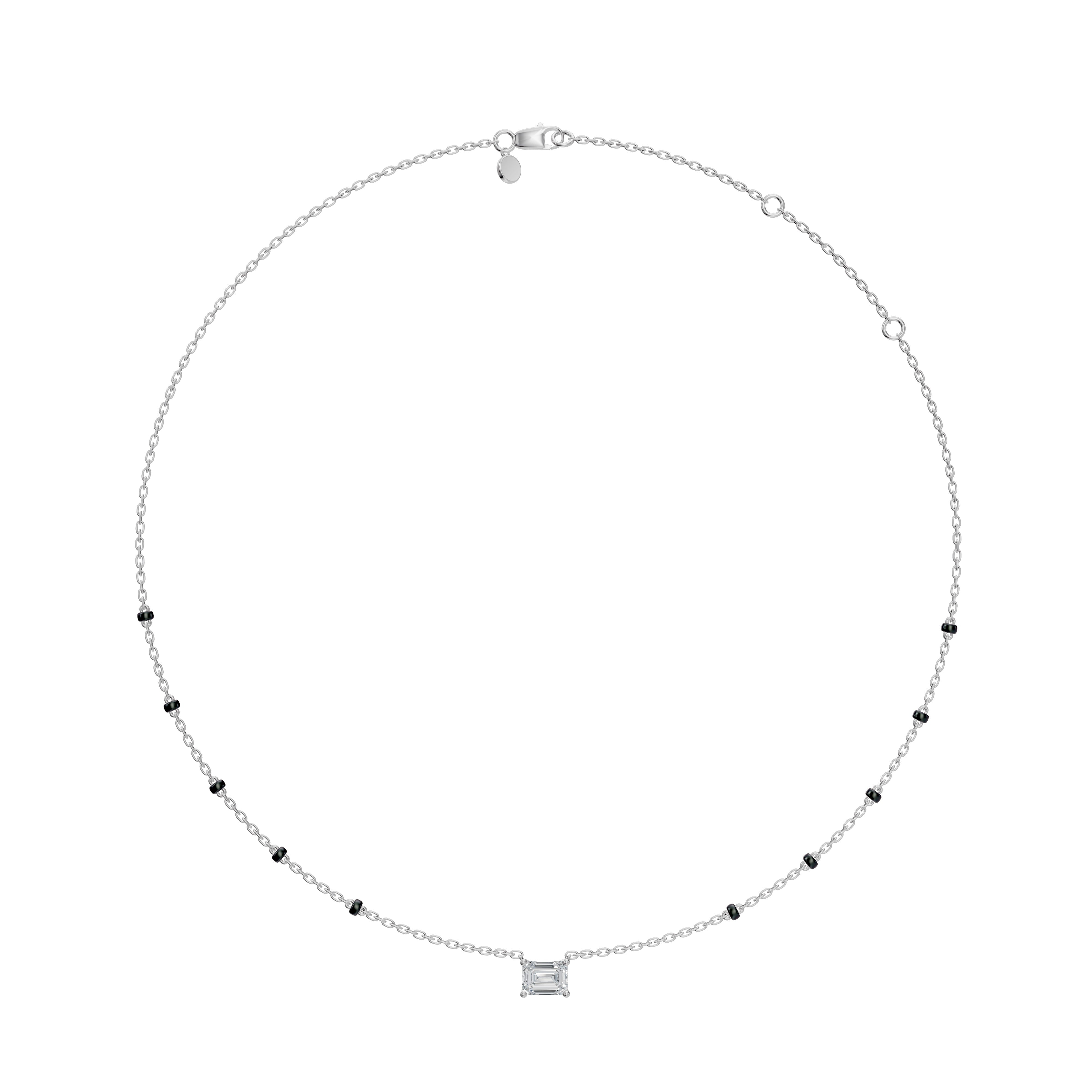 Full necklace view of the Modern Mangal white gold Aanchal mangalsutra, showcasing the modern 5-bead black chain and an emerald-cut diamond pendant set horizontally.