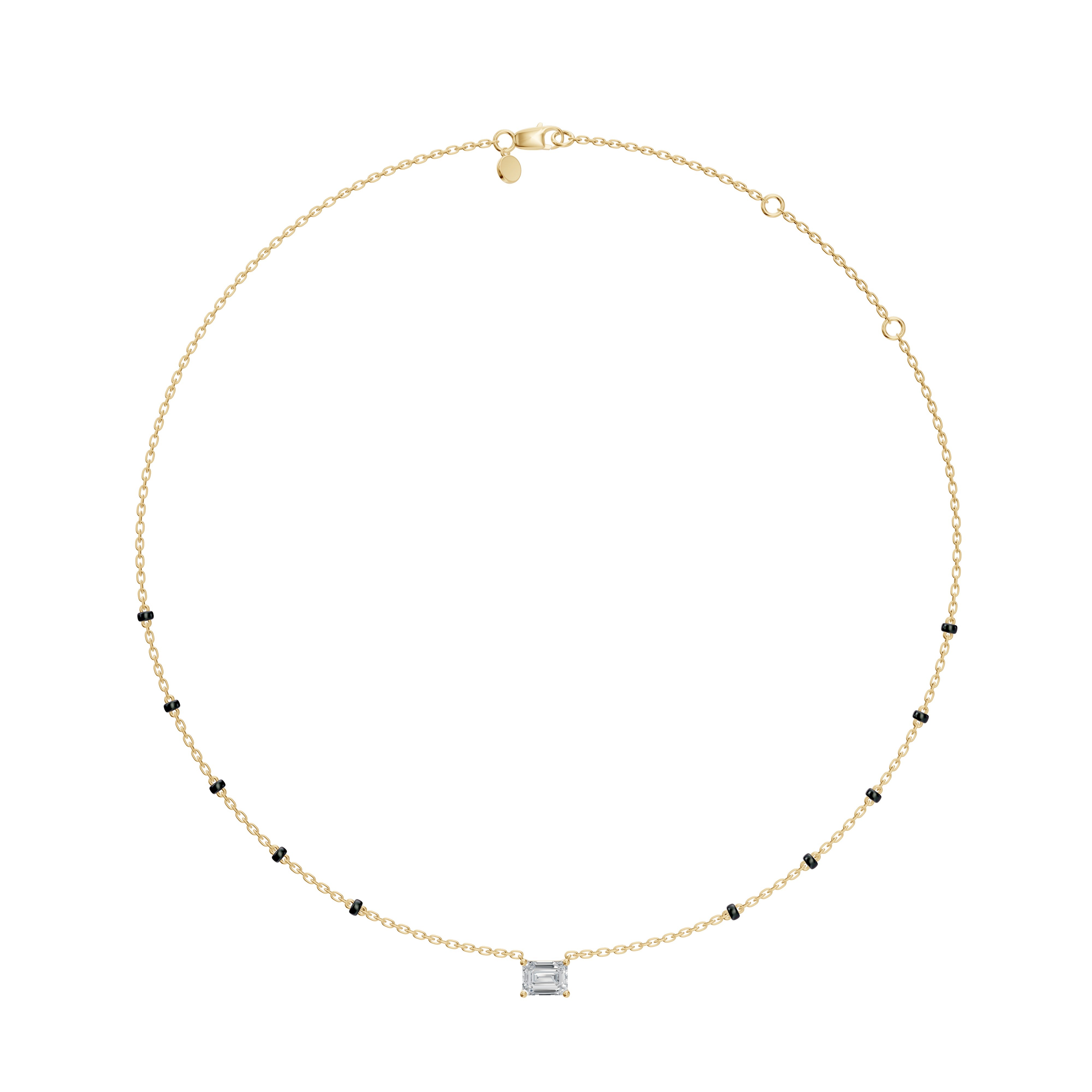 Full view of the Modern Mangal Aanchal Mangalsutra in Yellow Gold, showcasing its elegant East-West set emerald diamond pendant and delicate 5-beaded spaced chain, a perfect blend of tradition and modernity.