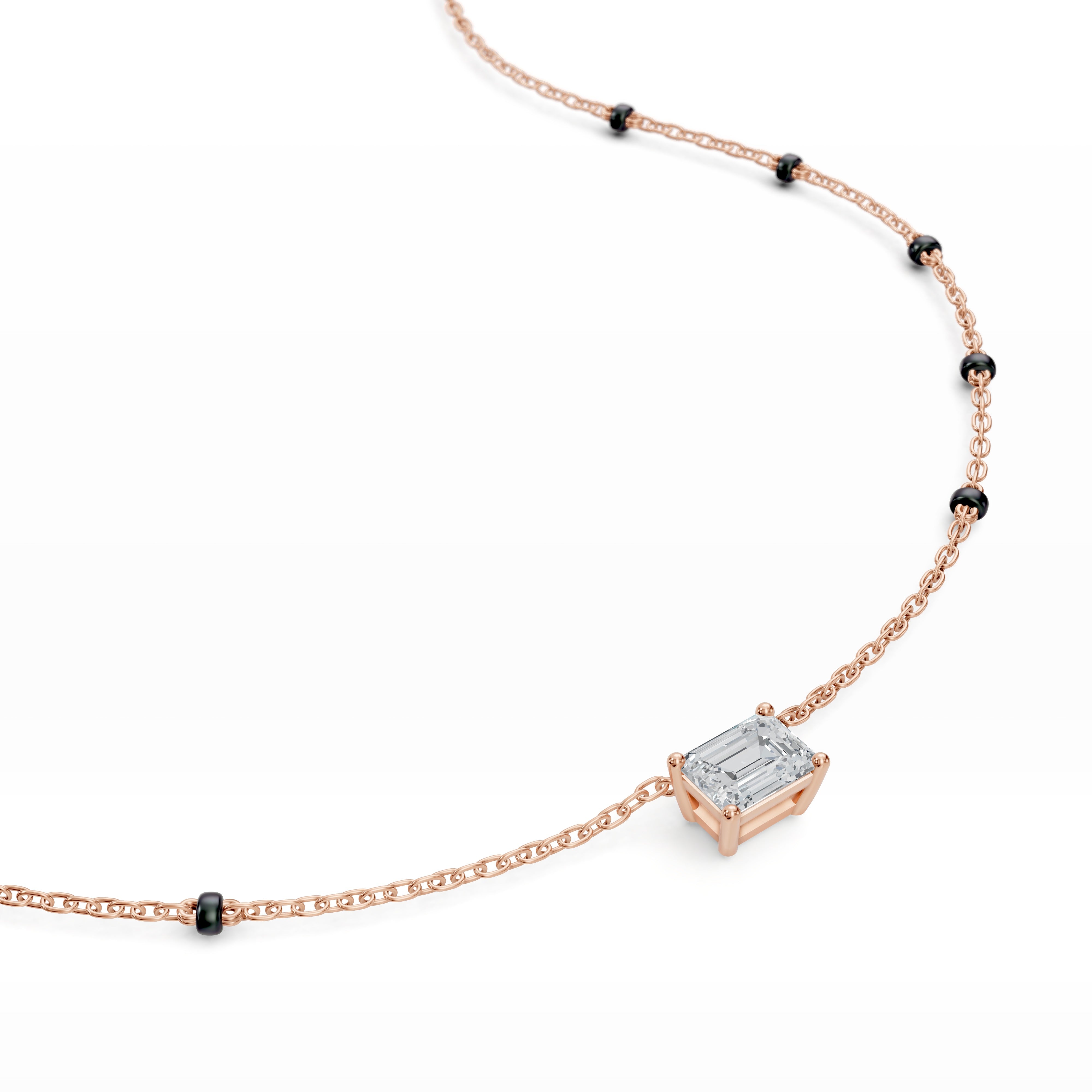 Modern Mangal Close-up of the rose gold pendant on the Aanchal mangalsutra, highlighting the symmetrical row of emerald-cut diamonds and the rose-toned setting.