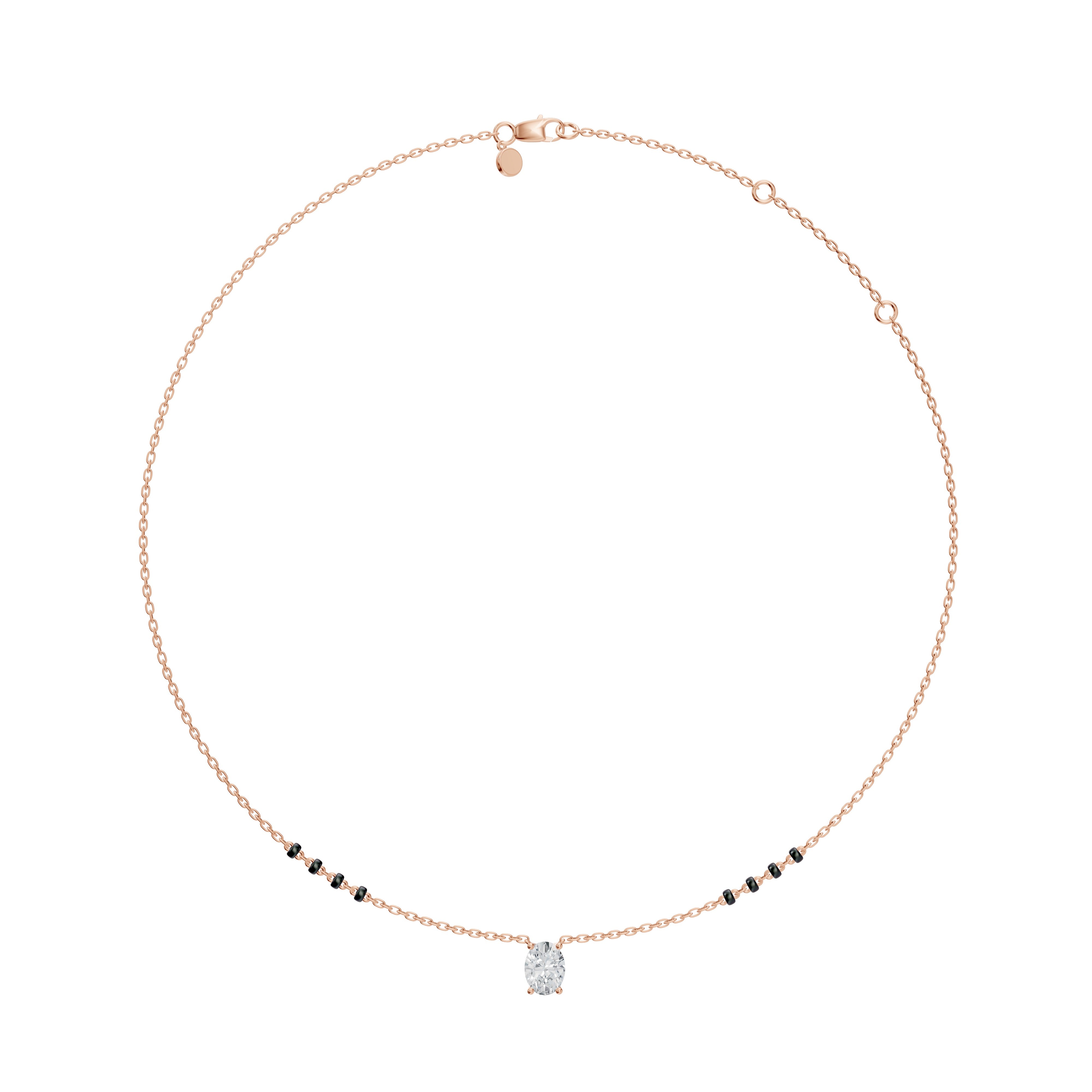 Top-down view of the Modern Mangal Ami Mangalsutra in rose gold, featuring spaced 4-bead chains and a vertically placed oval diamond that anchors the design.