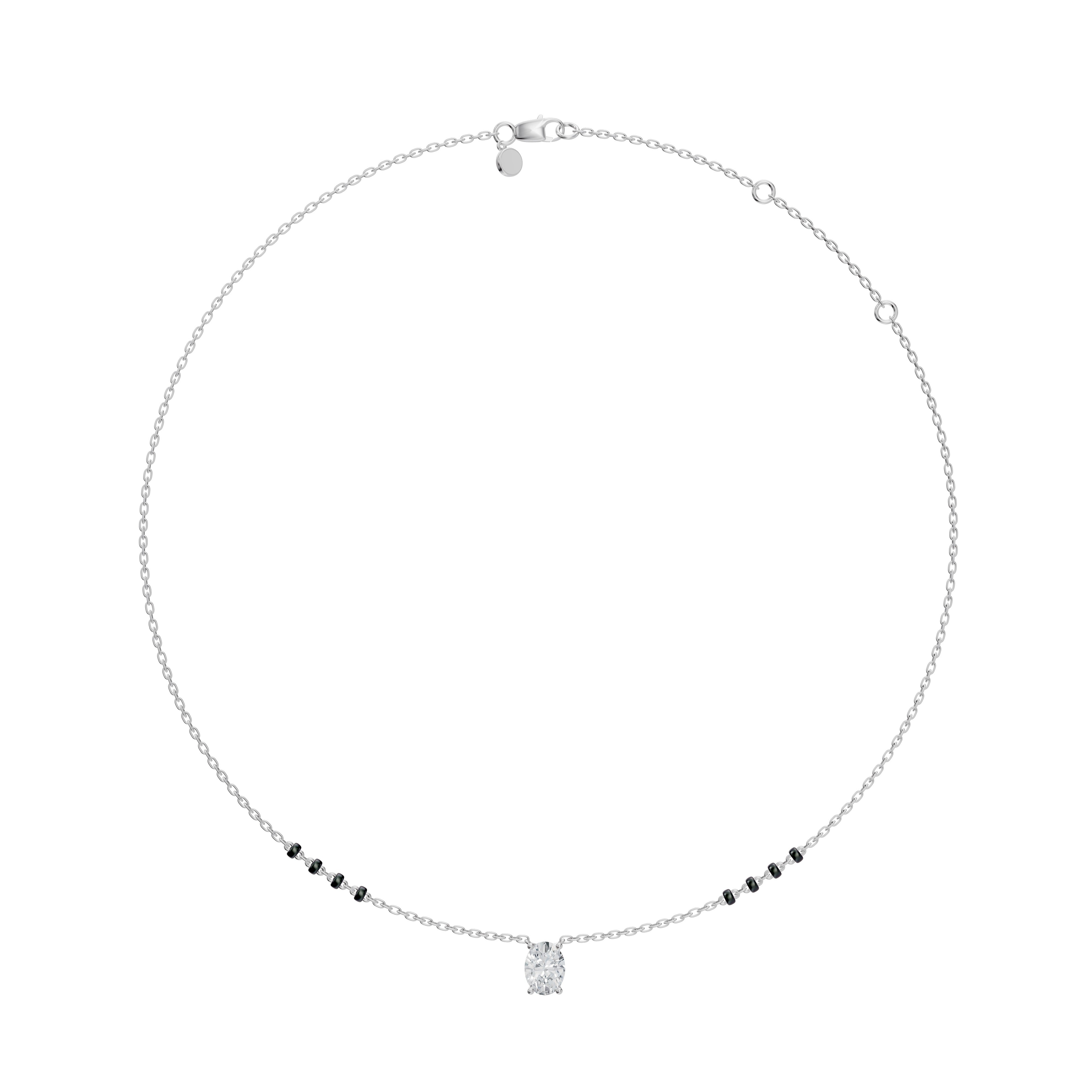 Full-length image of the Modern Mangal Ami Mangalsutra in white gold, laid flat to display the 4-bead spaced chain and vertically oriented oval diamond centerpiece.