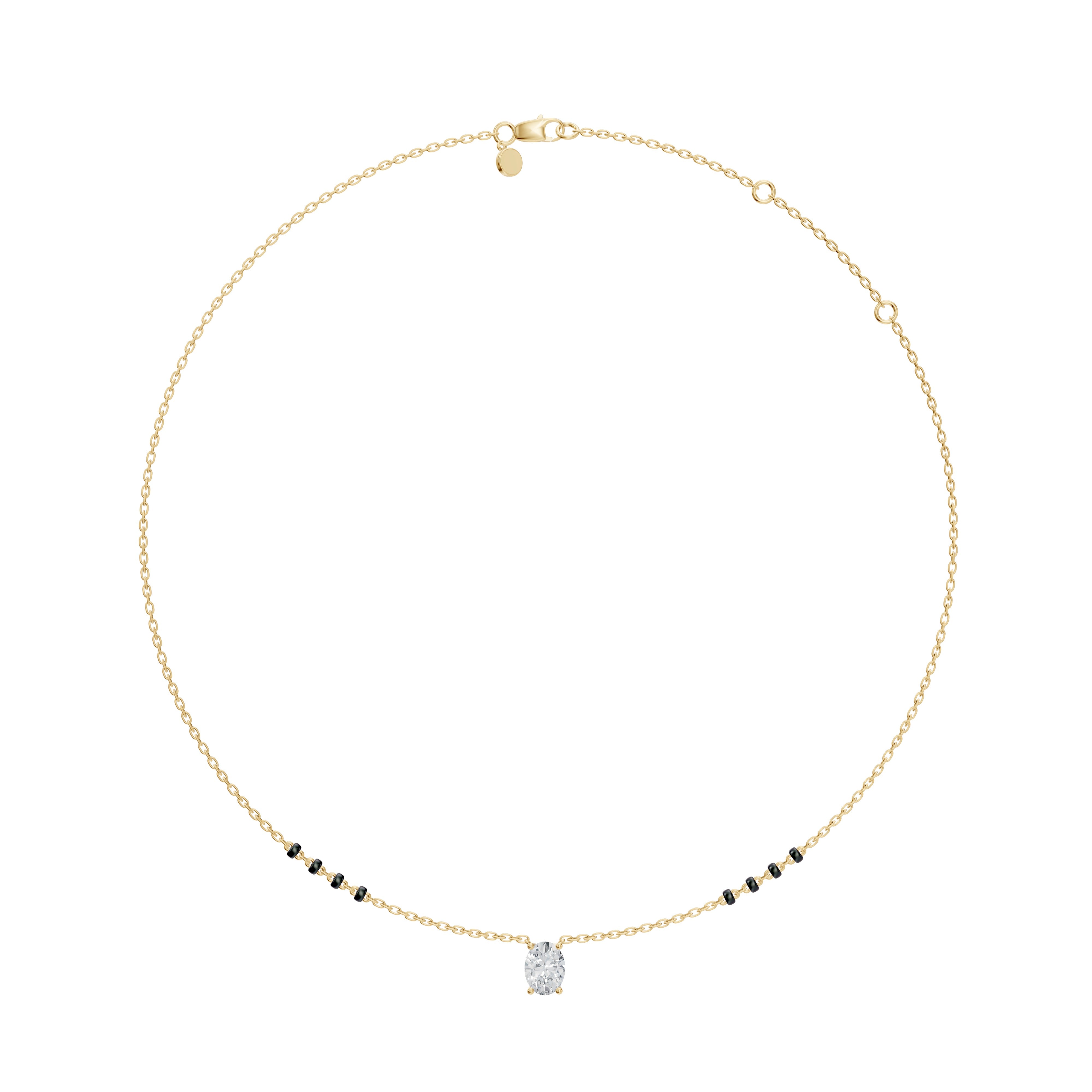 Flat-lay image of the Modern Mangal Ami Mangalsutra in yellow gold, showing the complete 4-bead spaced black bead chain and vertically aligned oval diamond pendant.