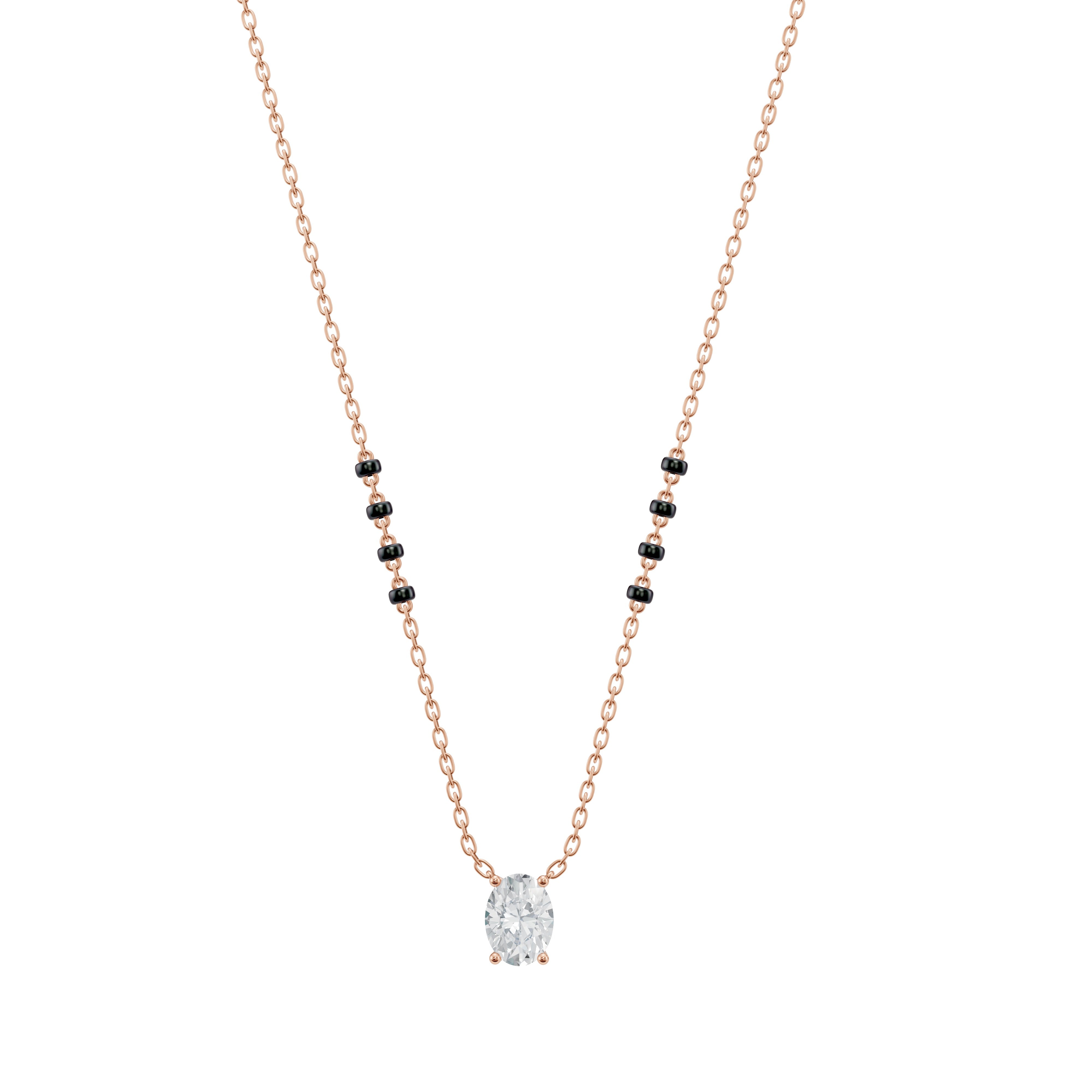 Front product photo of the rose gold Modern Mangal Ami Mangalsutra, highlighting a vertically set oval diamond pendant and twin black bead strands with soft blush tones.