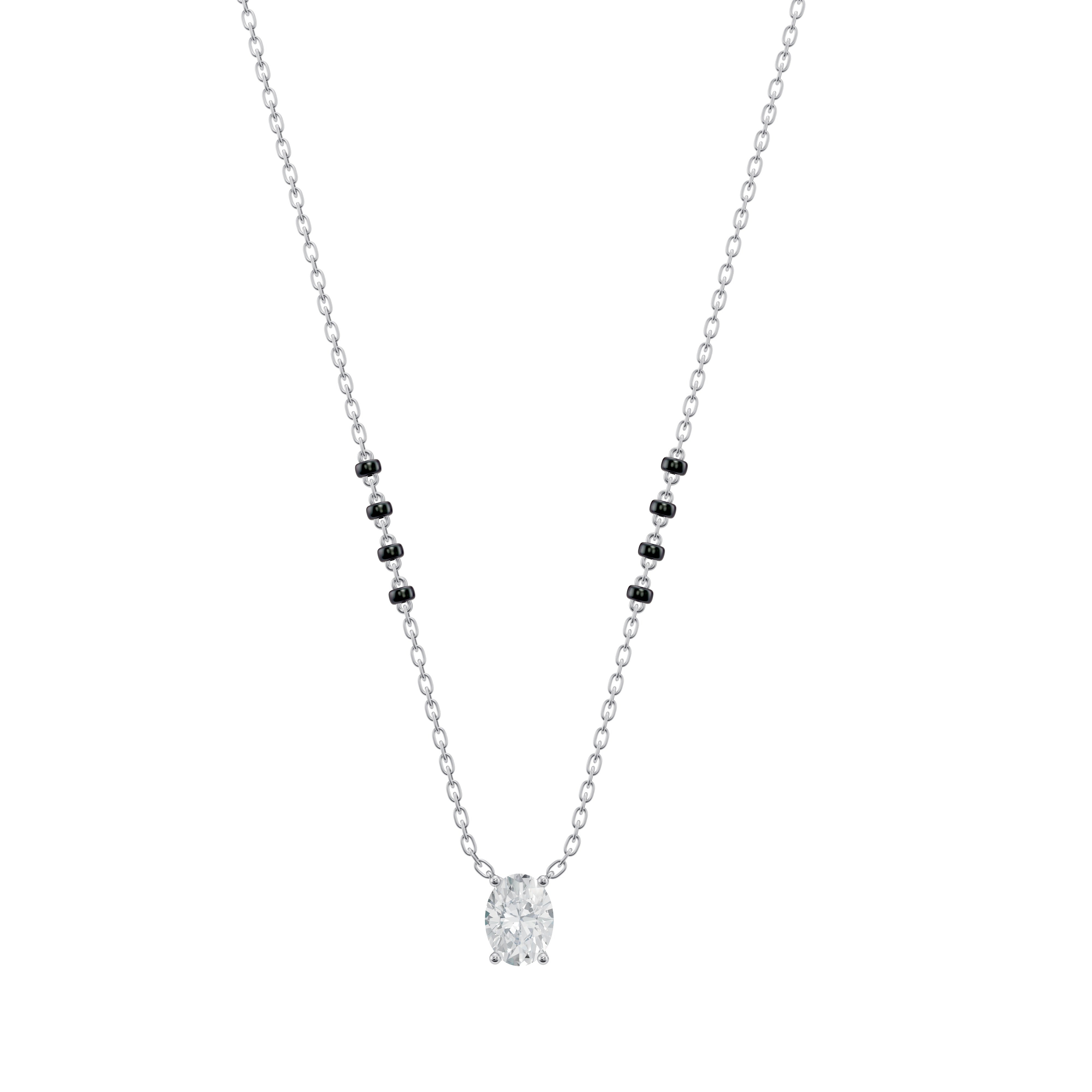 Main product image of the Modern Mangal Ami Mangalsutra in white gold, with a minimalist design featuring a vertically set oval-cut diamond and a dual 4-bead chain.