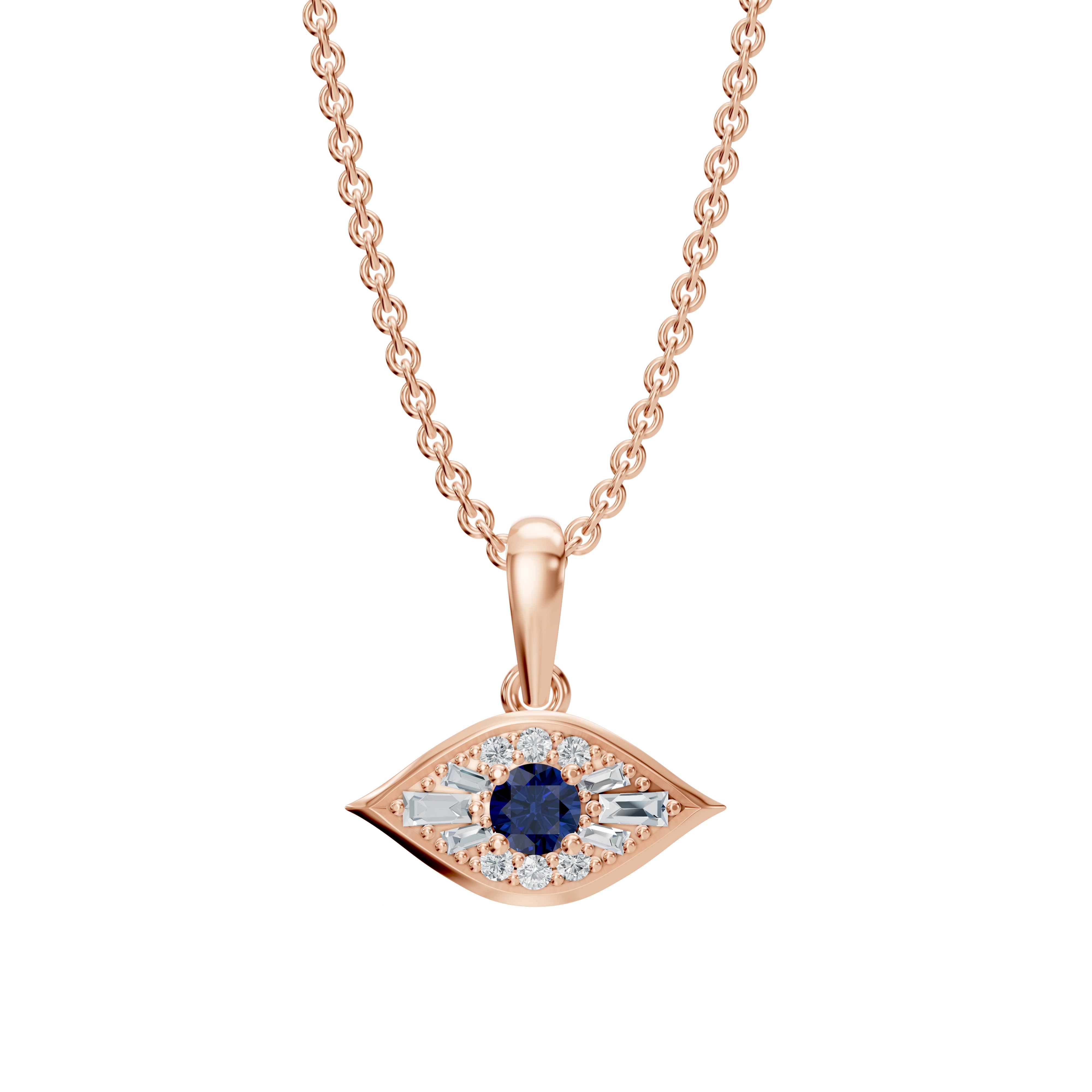 The Modern Mangal Amina Necklace in Rose Gold exudes feminine elegance, featuring a sapphire and diamond evil eye pendant set in soft-toned metal. Its sleek passthrough design allows the chain to glide effortlessly through the pendant, creating a fluid, modern silhouette with timeless allure.
