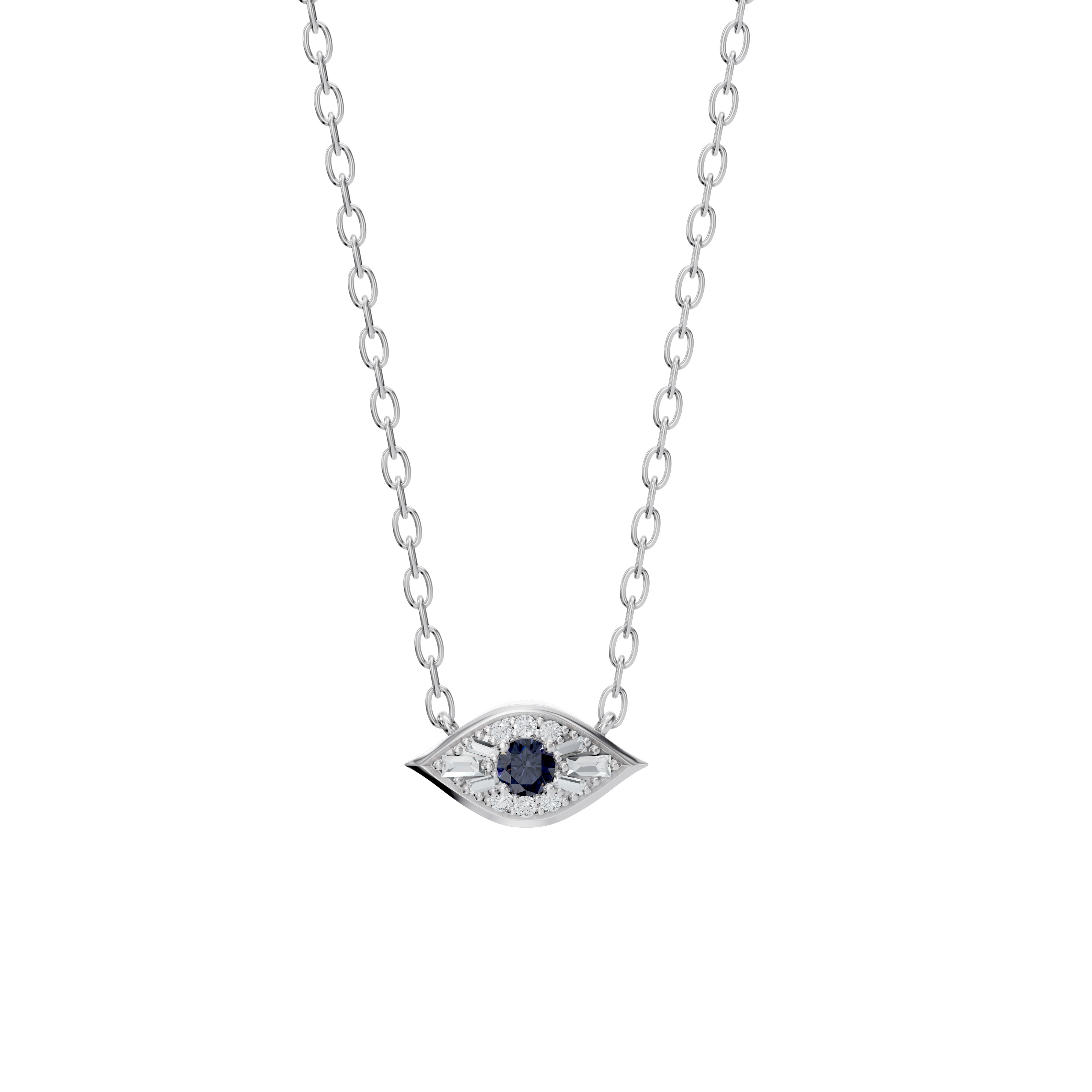 Modern Mangal Amina Necklace in white gold featuring a shimmering sapphire and diamond evil eye pendant on a minimalist chain.
