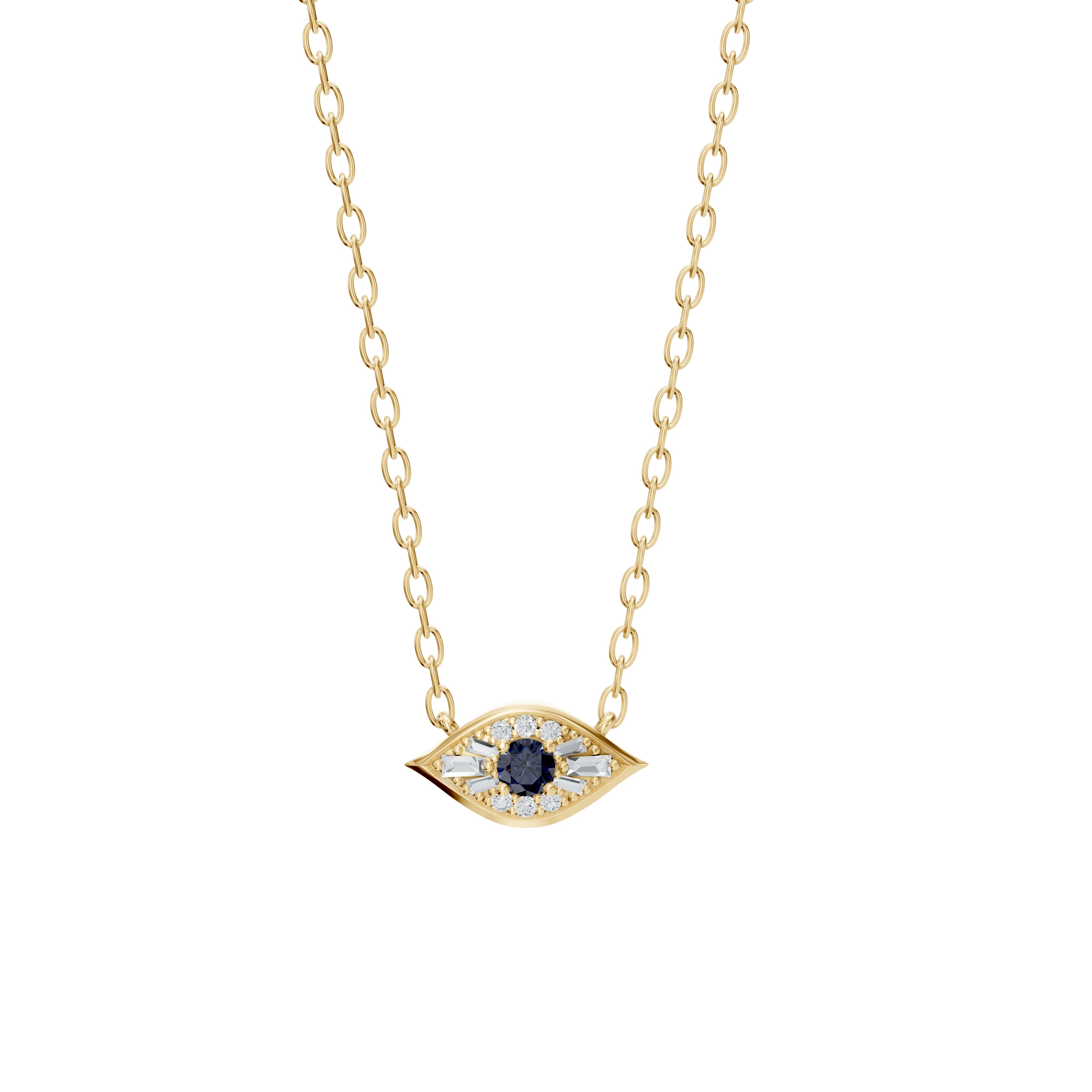 Main view of the Modern Mangal Amina Necklace in yellow gold, showcasing a sapphire center framed by round and baguette diamonds in an evil eye motif.