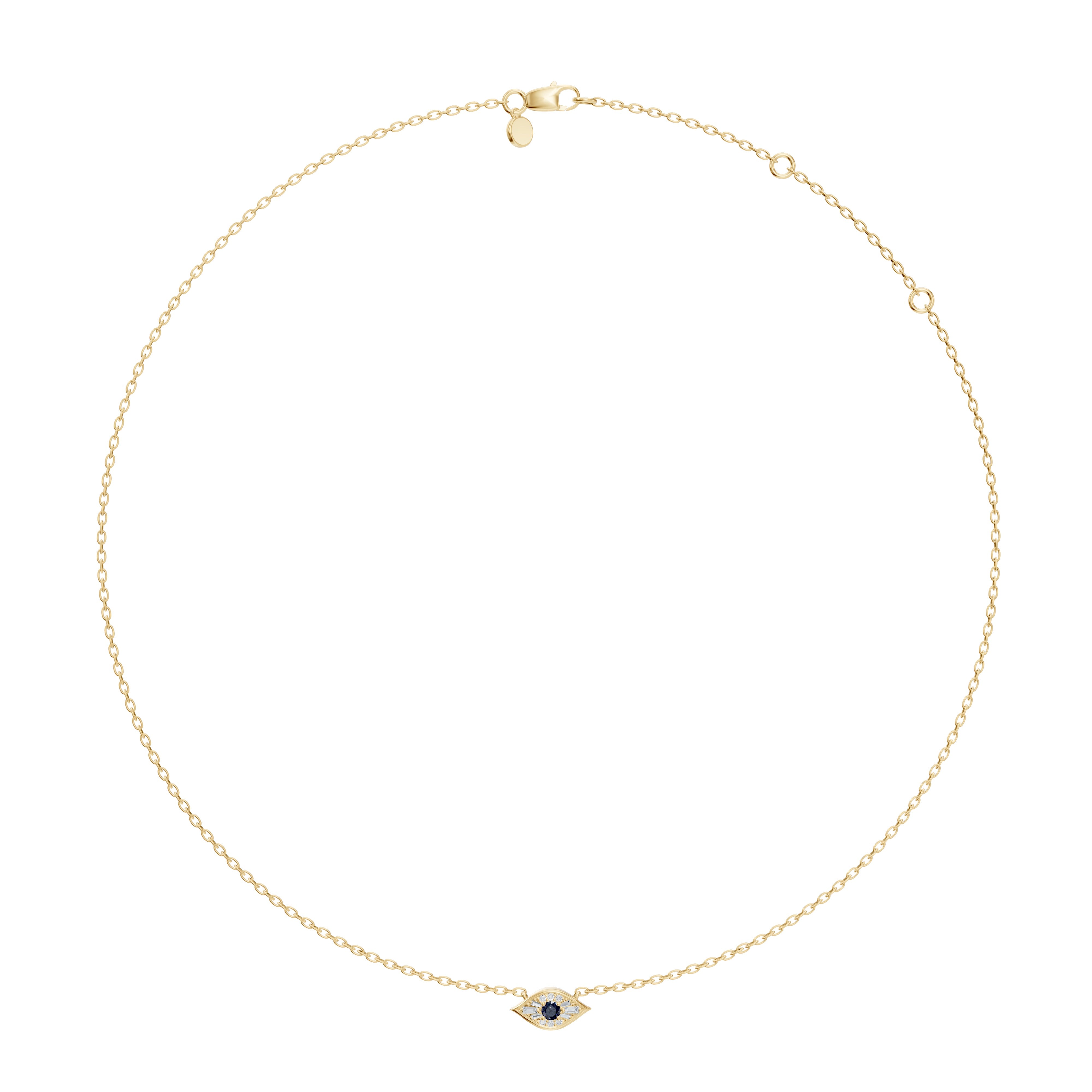 Full necklace view of the Modern Mangal Amina in yellow gold, with its minimalist chain and architecturally-set evil eye sapphire and diamond pendant.