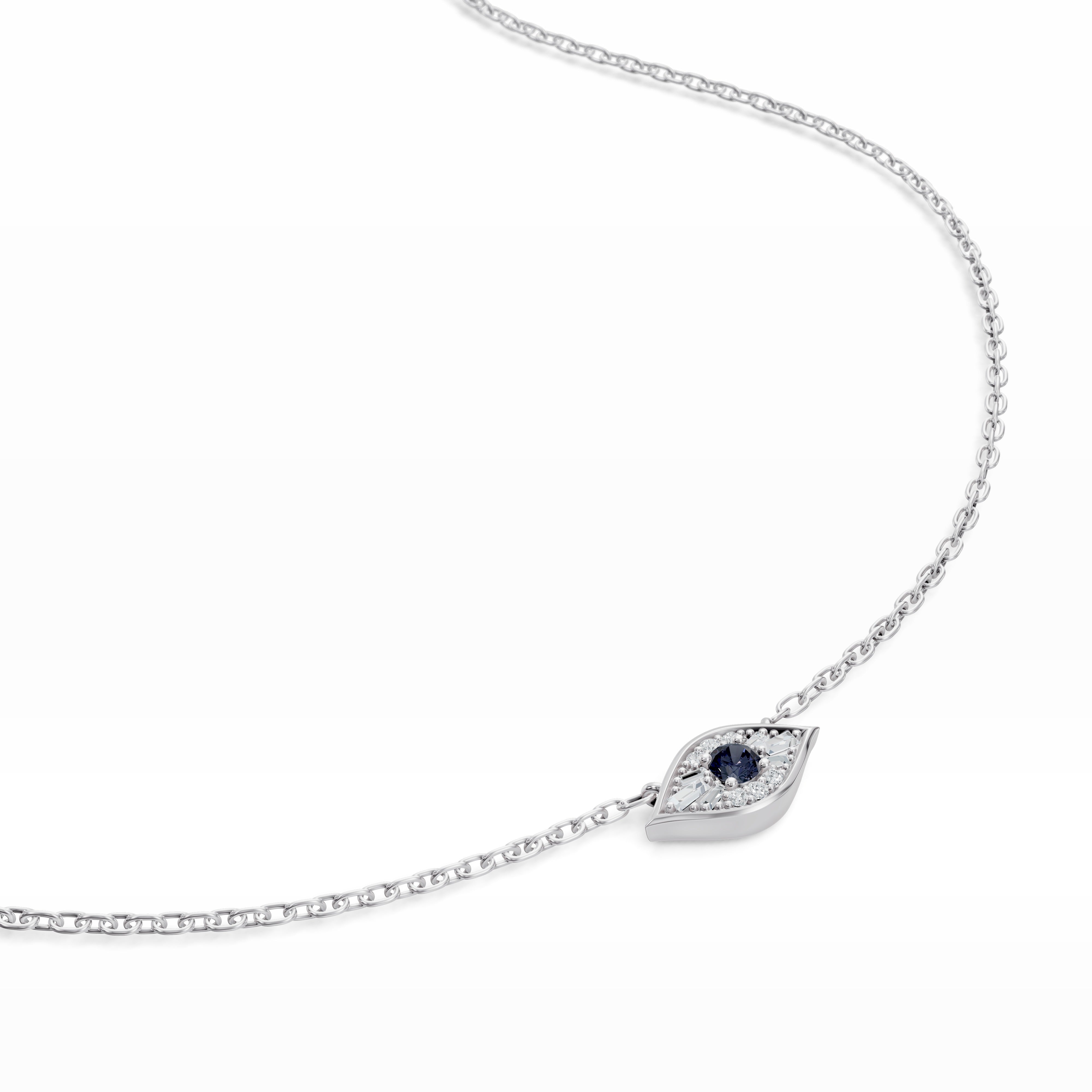 Zoomed-in image of the Modern Mangal Amina pendant in white gold, highlighting the cool-toned metal and sparkling diamond accents around the sapphire center.