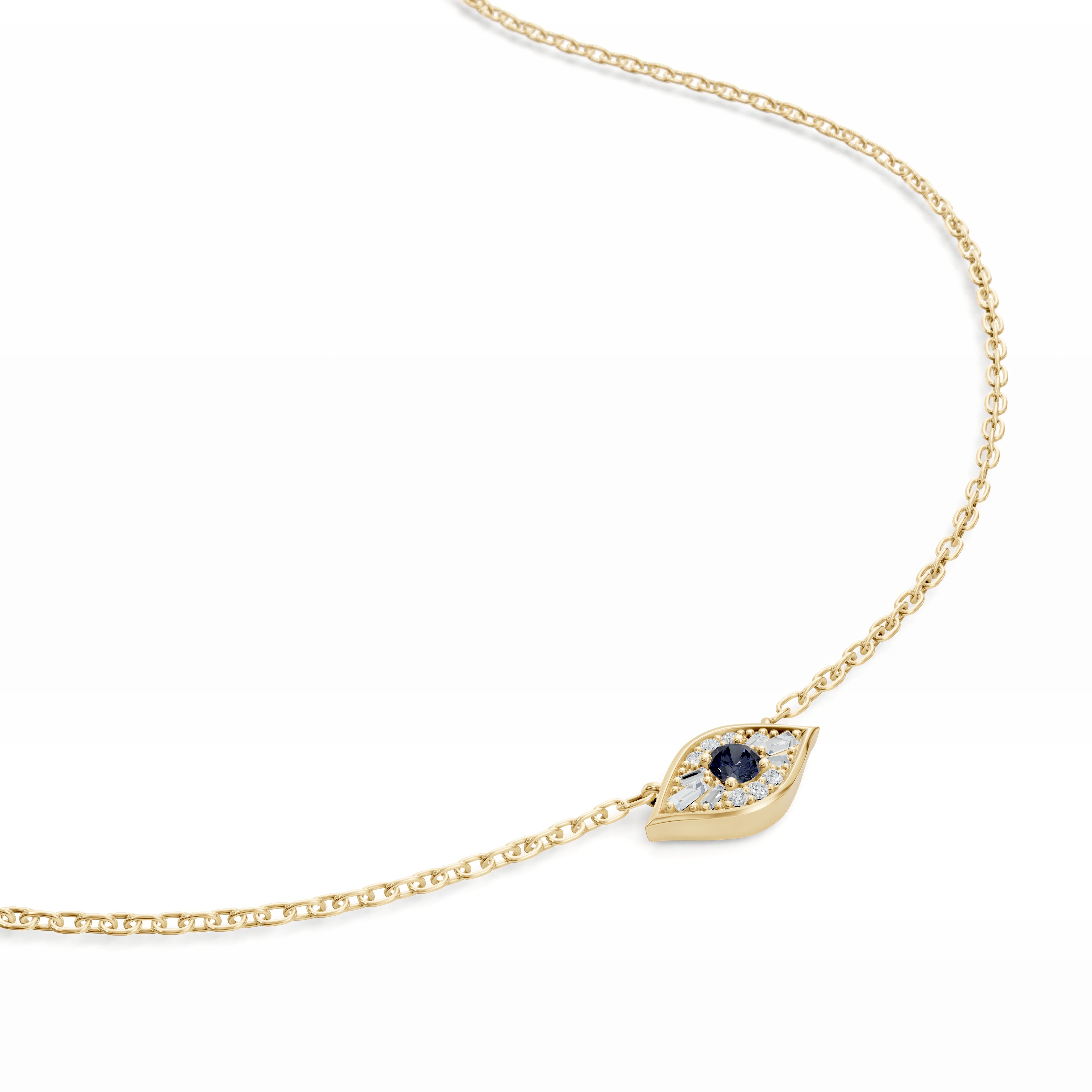 Detailed close-up of the Modern Mangal Amina Necklace’s pendant, featuring a deep blue sapphire surrounded by sparkling diamonds set in a sleek bezel.