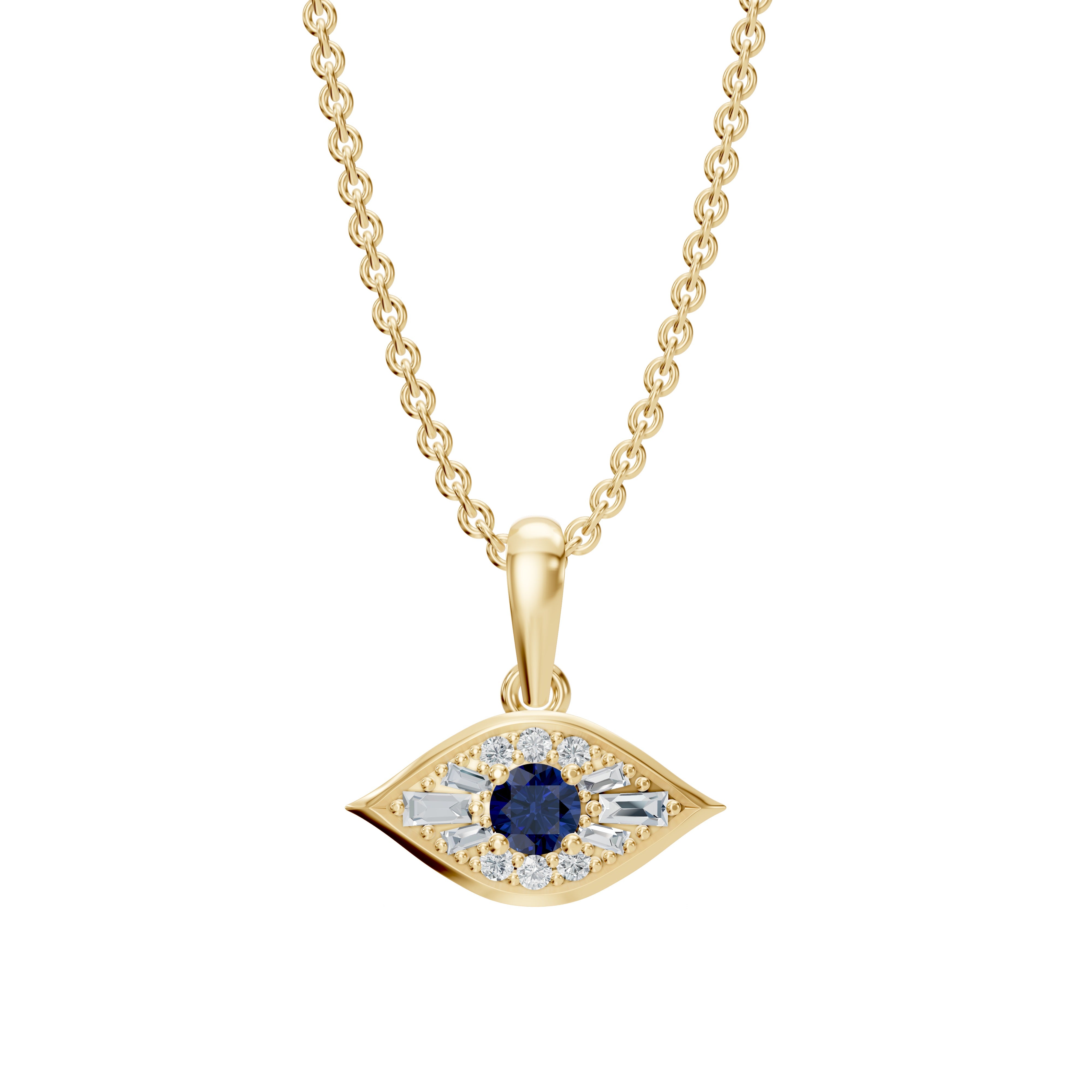 A detailed close-up of the Modern mangal Amina Necklace pendant reveals a deep blue sapphire encircled by sparkling diamonds, all set within a sleek bezel. The pendant’s passthrough design allows the chain to glide seamlessly through, creating a clean, modern silhouette that enhances its timeless elegance.
