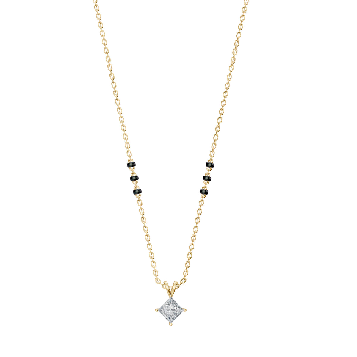 Chandni Mangalsutra in 18K yellow gold with a princess lab-grown diamond, front view