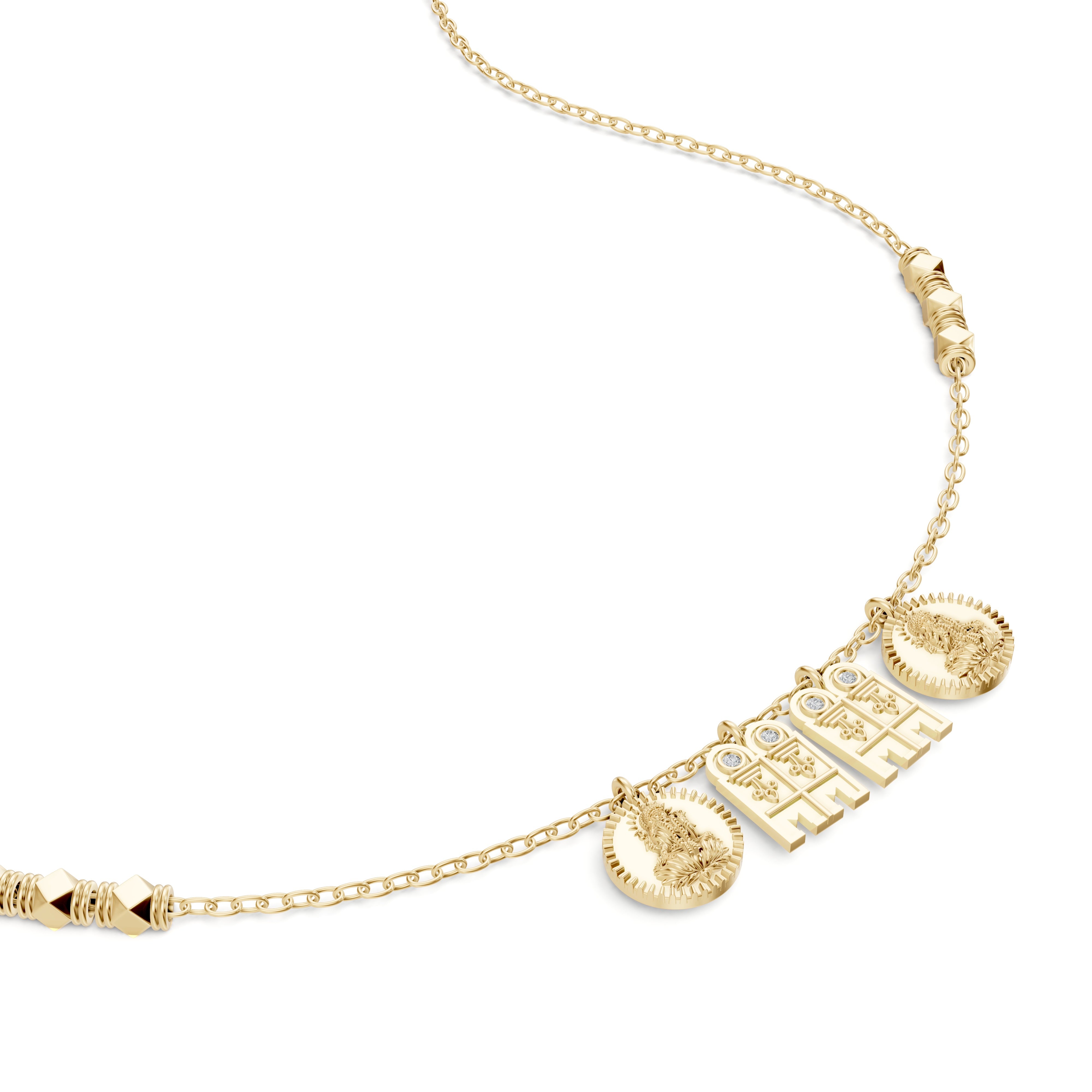 Close-up of the Modern Mangal Madhura Mangalayam pendant design in yellow gold with tulsi-inspired diamond charms and Telugu Lakshmi bottus, symbolizing South Indian unity.