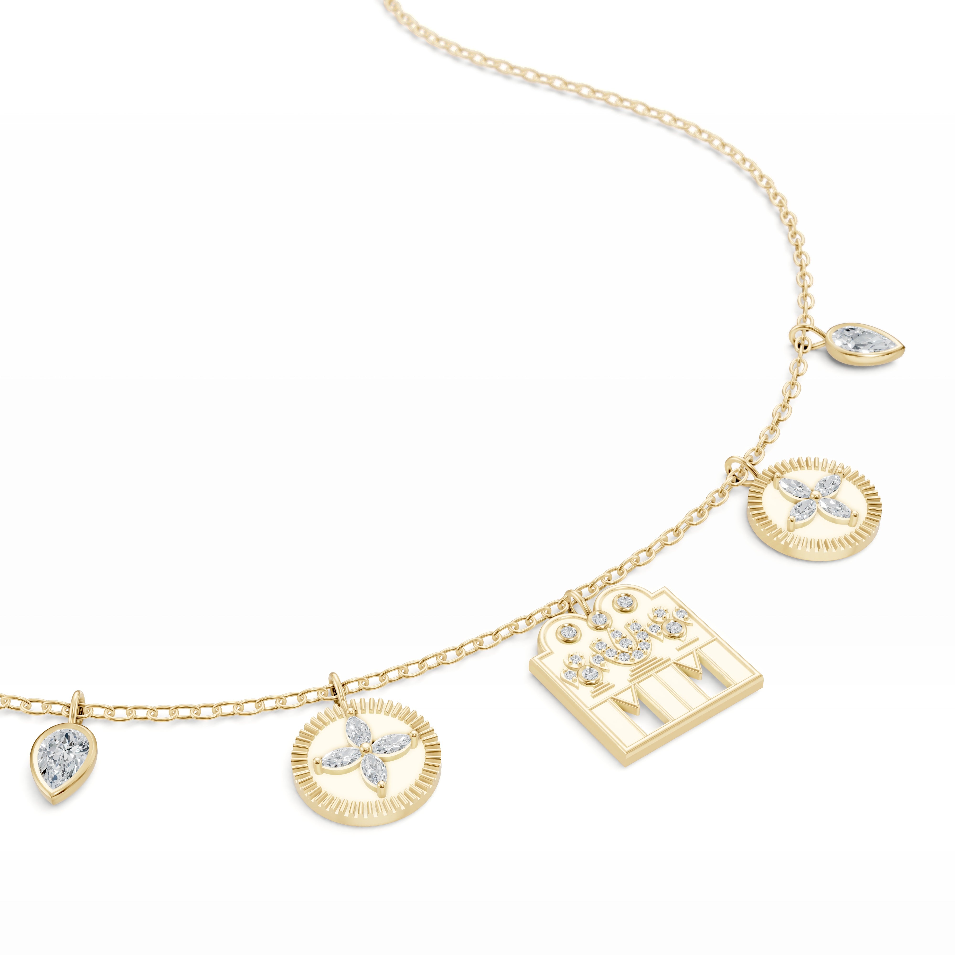 Detailed close-up of the  Modern Mangal  Vidhya Mangalayam’s center Shivling charm, flanked by marquise diamond flowers and mango-leaf inspired pear bezels in yellow gold.