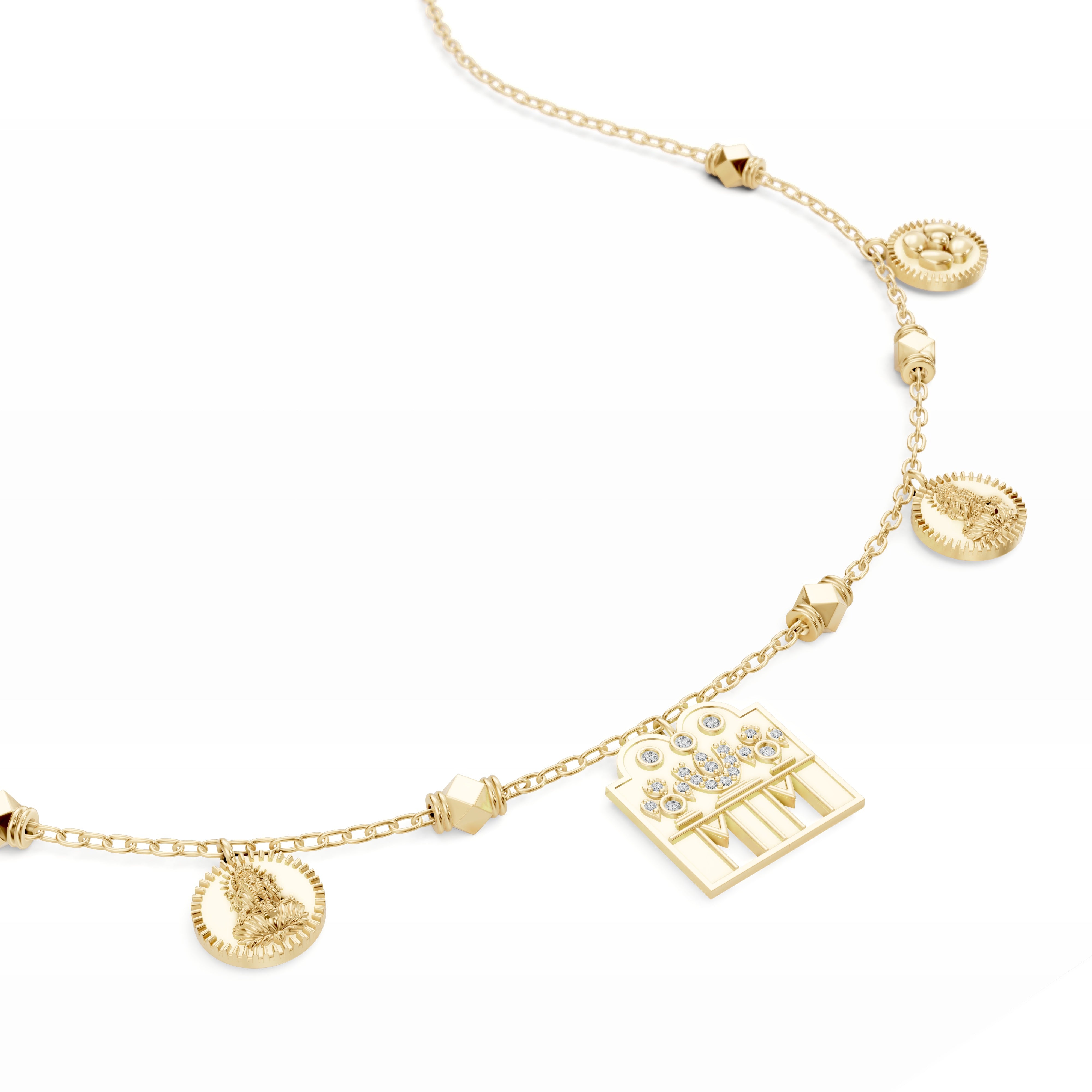 Detailed closeup of the Modern Mangal Sravya Mangalayam yellow gold pendant, showing diamond-studded Shivling centerpiece flanked by Lakshmi and floral kasu charms in traditional Tamil symbolism.