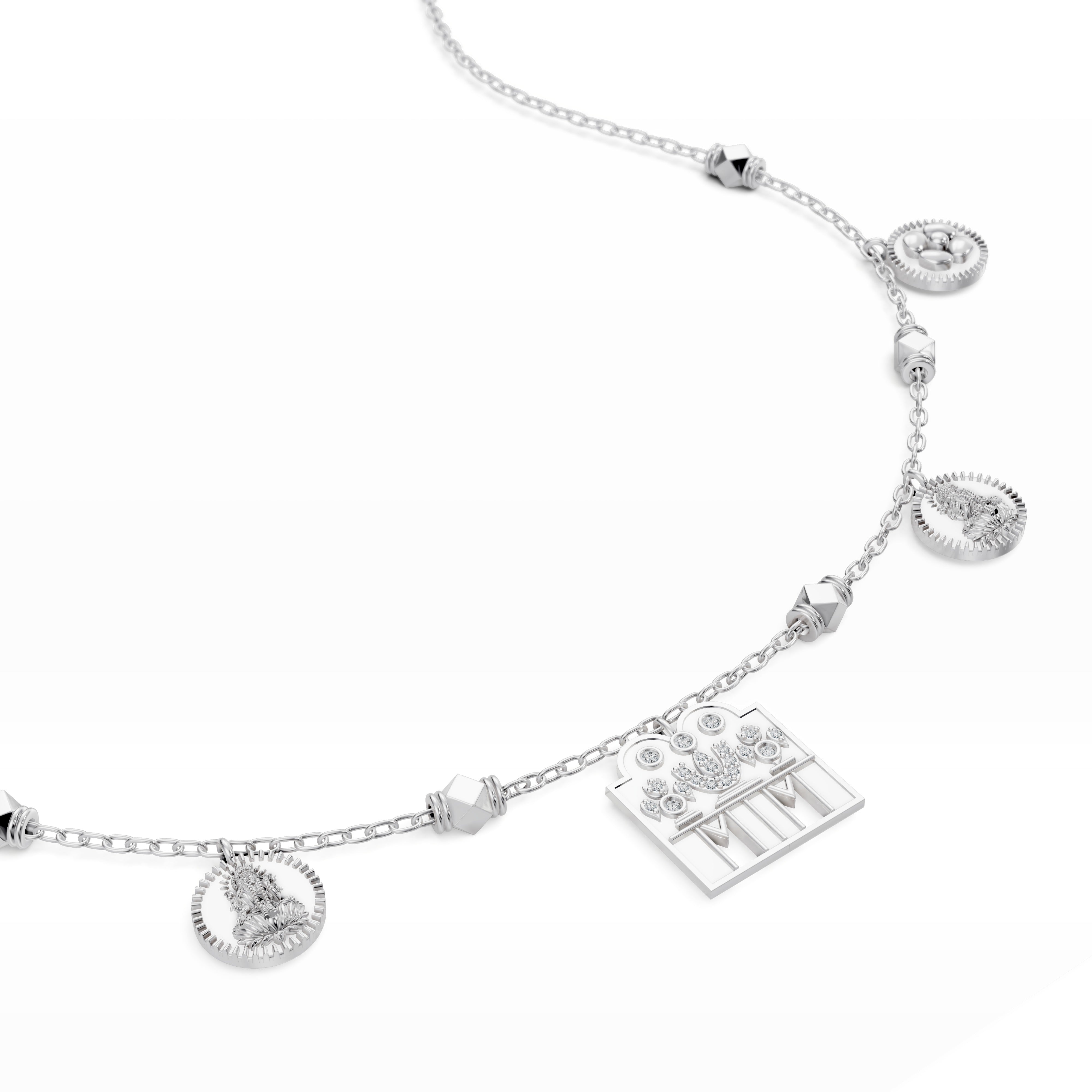 Pendant closeup of the white gold Modern Mangal Sravya Mangalayam necklace showing exquisite diamond and kasu detailing in a spiritual Tamil mangalsutra design.