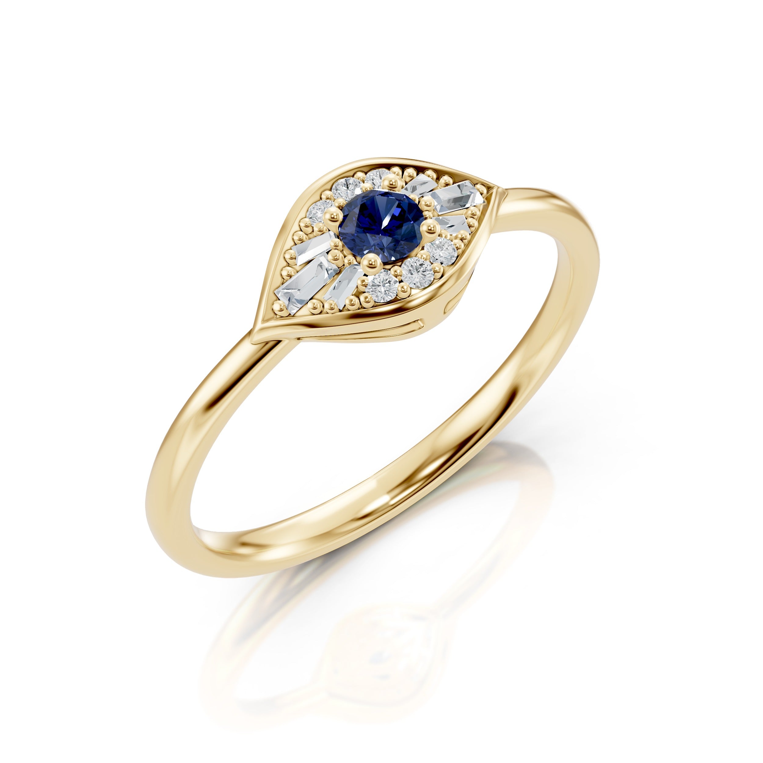Front view of the Modern Mangal Dua Ring in 18K yellow gold, showcasing a vivid round sapphire center surrounded by a geometric halo of baguette and round diamonds in a protective eye-shaped bezel.