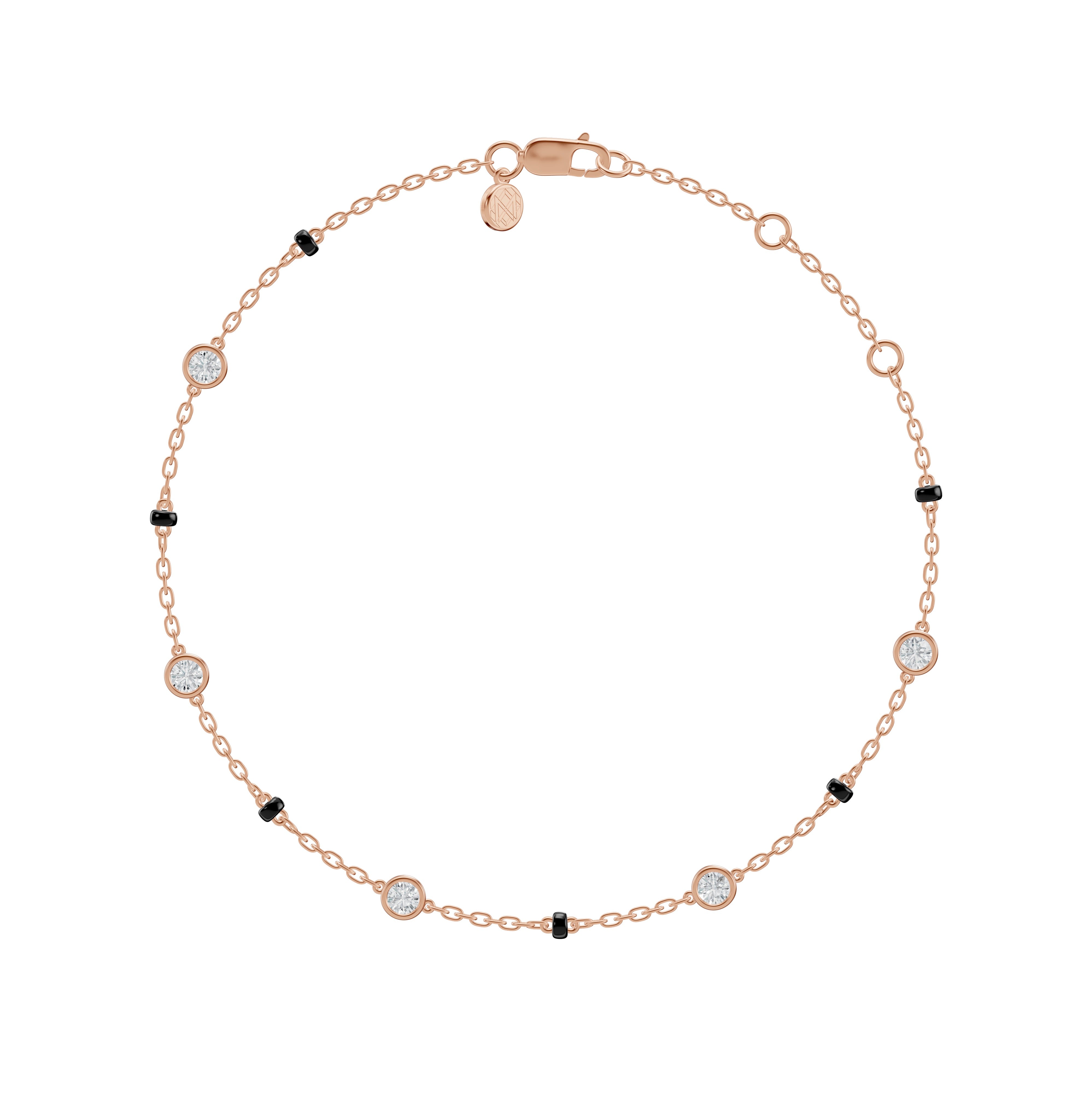 Front product image of the Modern Mangal Eternity Bracelet Mangalsutra in rose gold, showcasing bezel-set round diamond stations along the black bead bracelet chain.