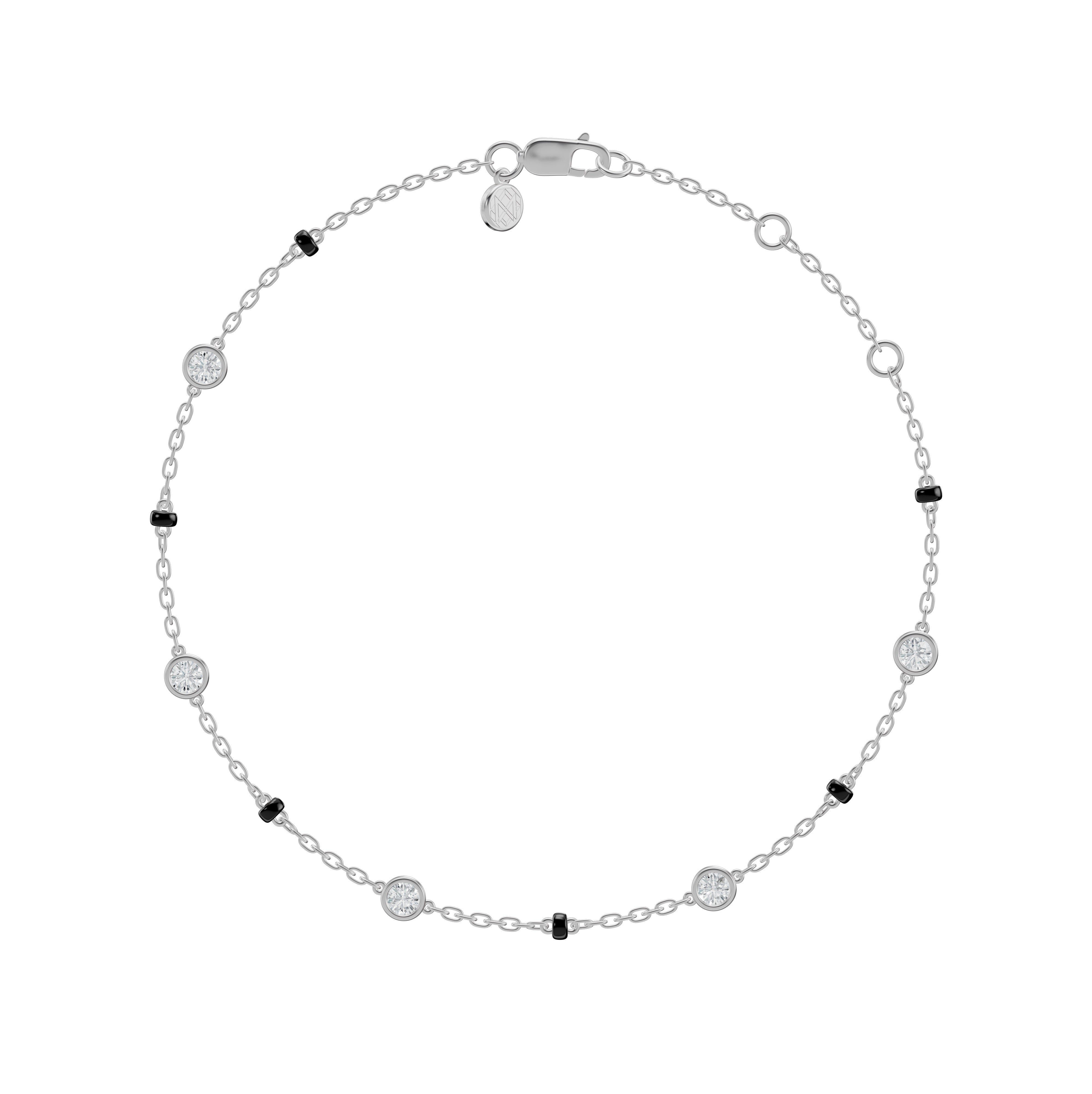 Front product image of the Modern Mangal Eternity Bracelet Mangalsutra in white gold, showcasing bezel-set round diamond stations along the black bead bracelet chain.