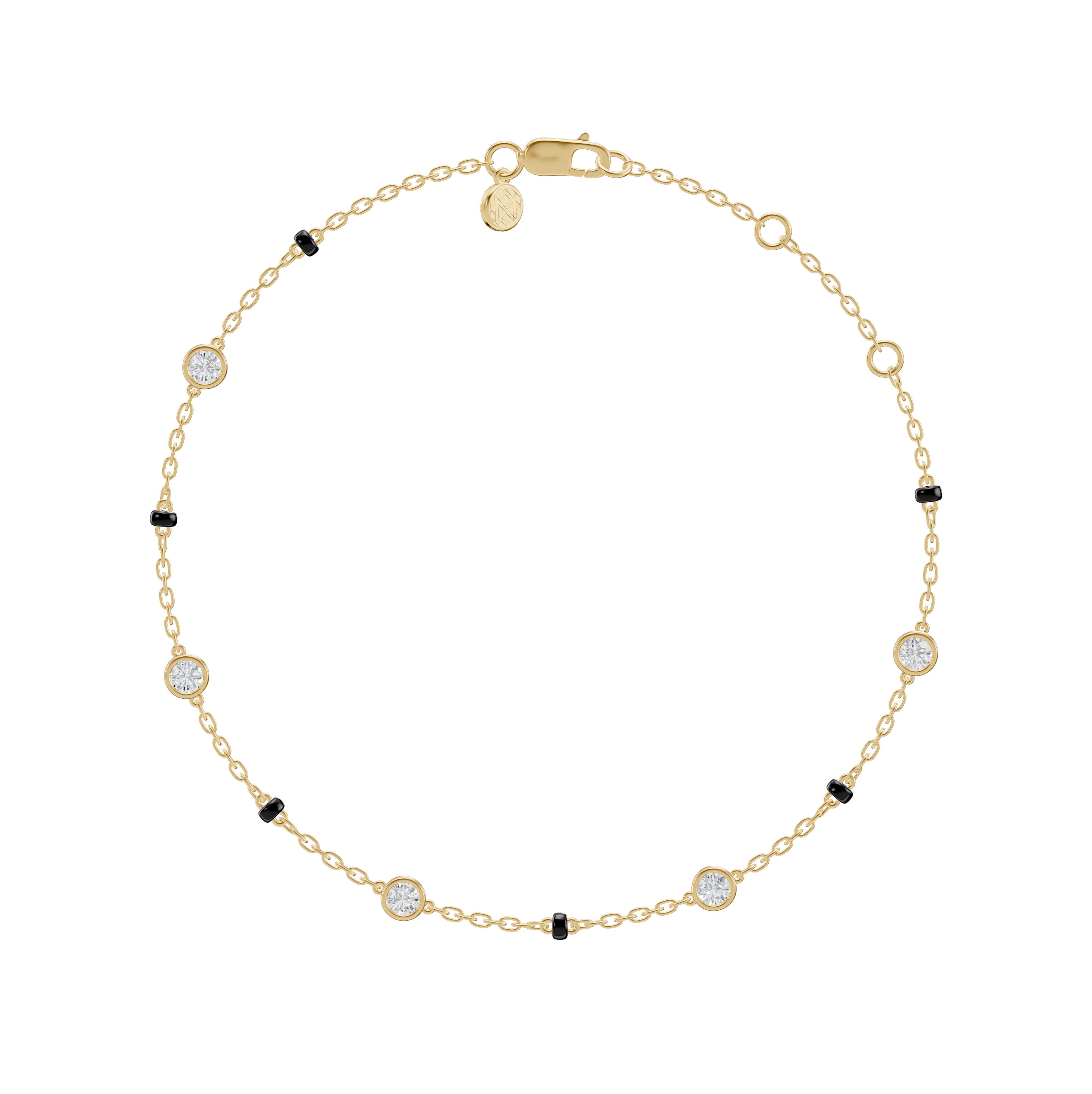 Front product image of the Modern Mangal Eternity Bracelet Mangalsutra in yellow gold, showcasing bezel-set round diamond stations along the black bead bracelet chain.