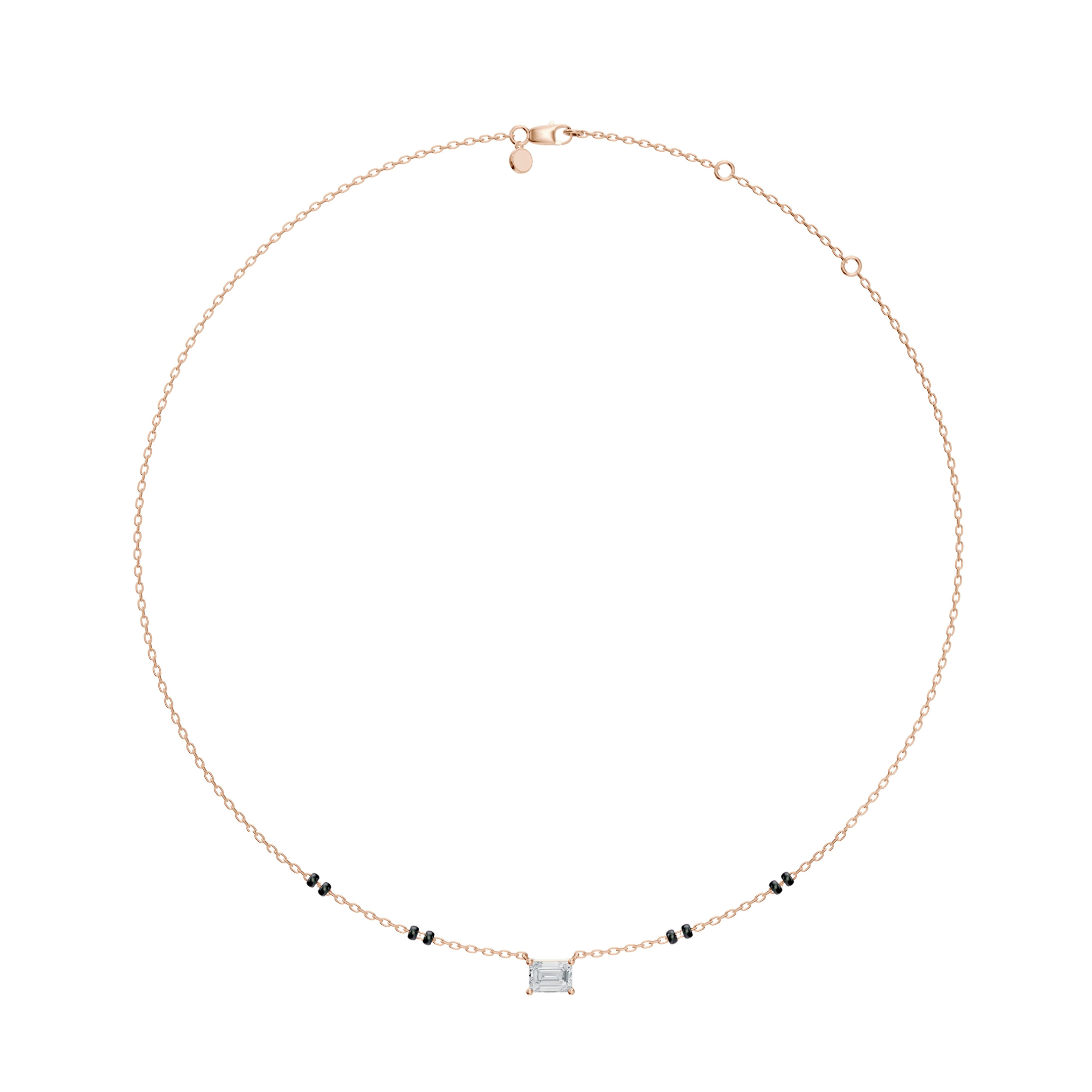 Full-length shot of the rose gold Modern Mangal Karishma Mangalsutra with spaced 4-bead chain and elegant East-West emerald-cut diamond pendant centerpiece.