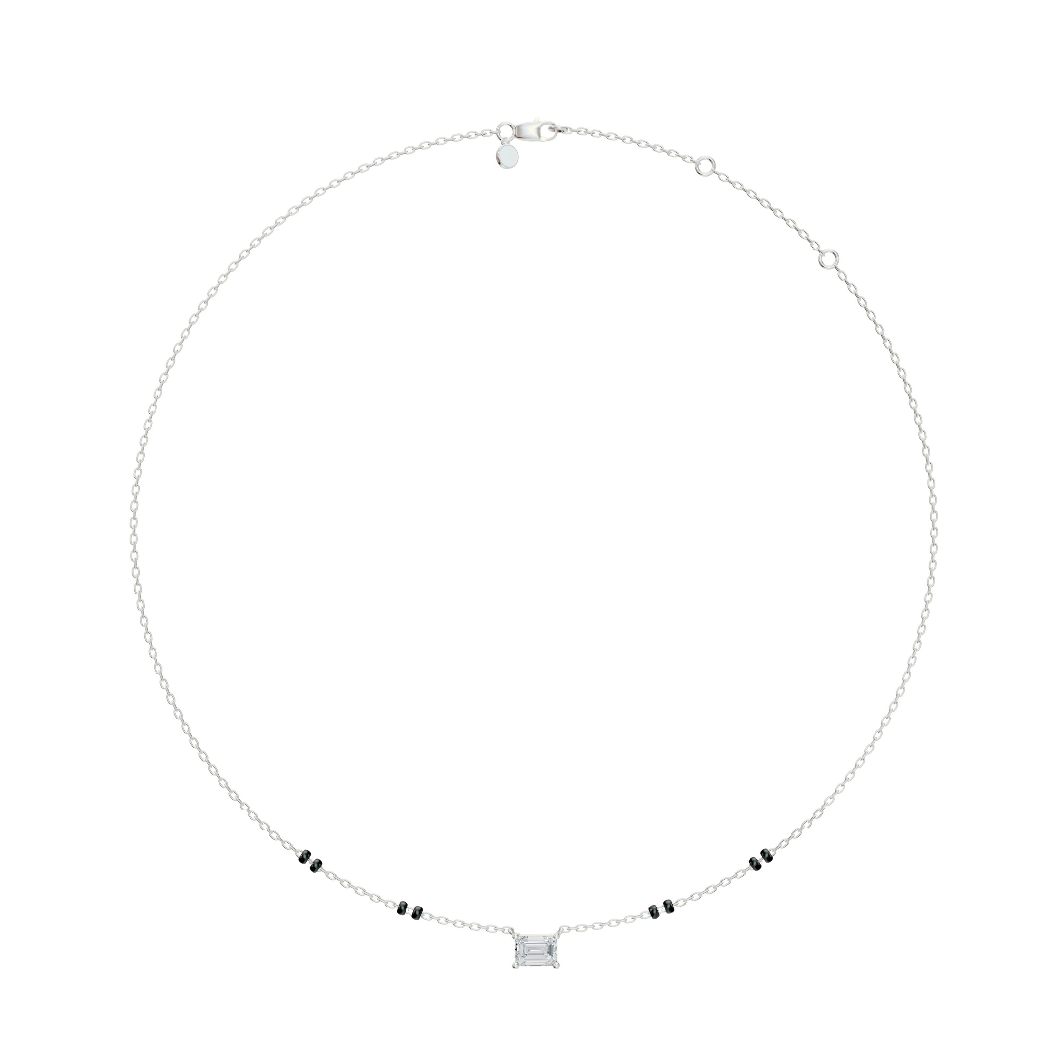 Full view of the Modern Mangal Karishma Mangalsutra in white gold, highlighting the contrast between the black beads and sleek horizontal emerald pendant.