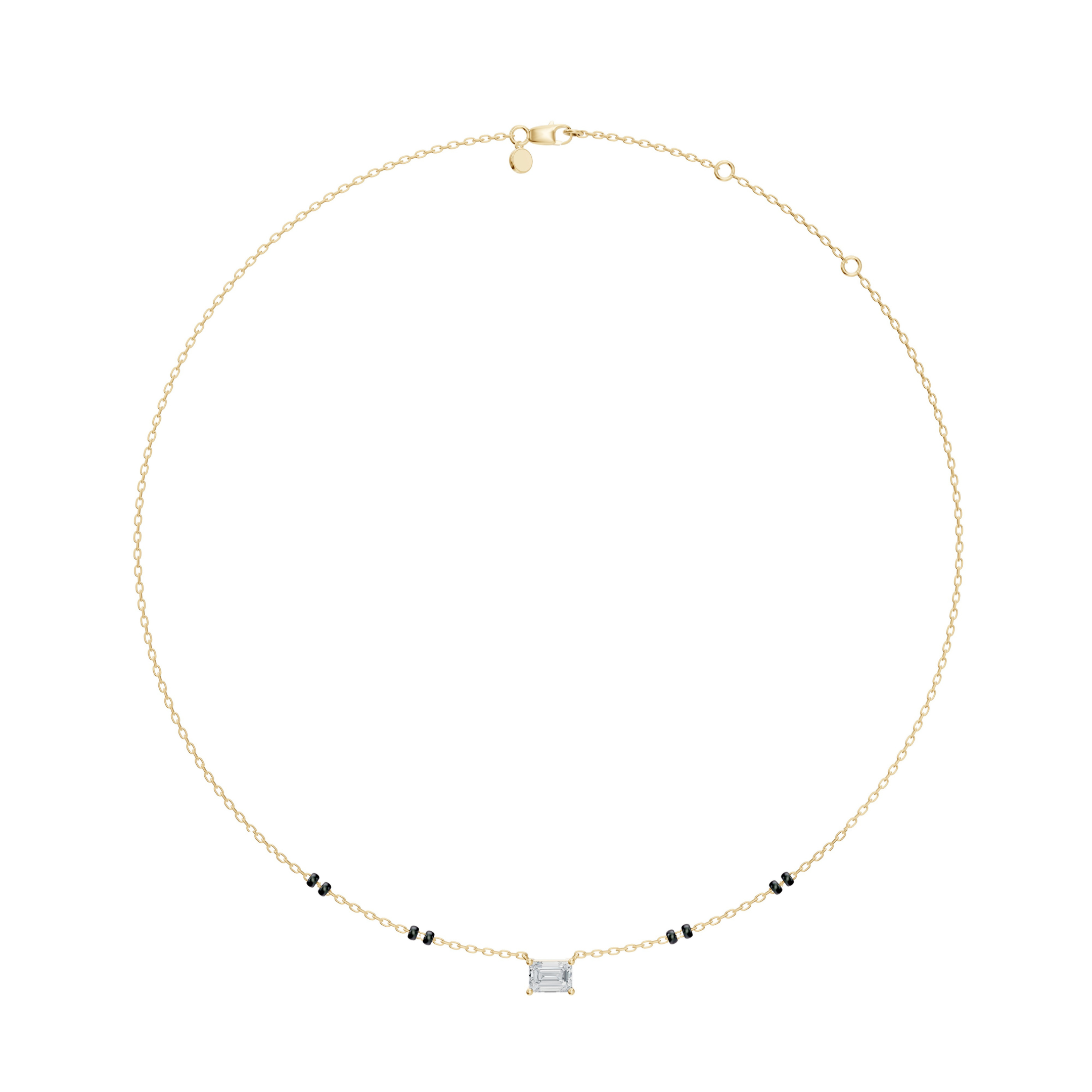 Flat-lay view of the Modern Mangal Karishma Mangalsutra in yellow gold, highlighting the horizontal emerald-cut diamond pendant and the 4-bead spaced twin strand design.