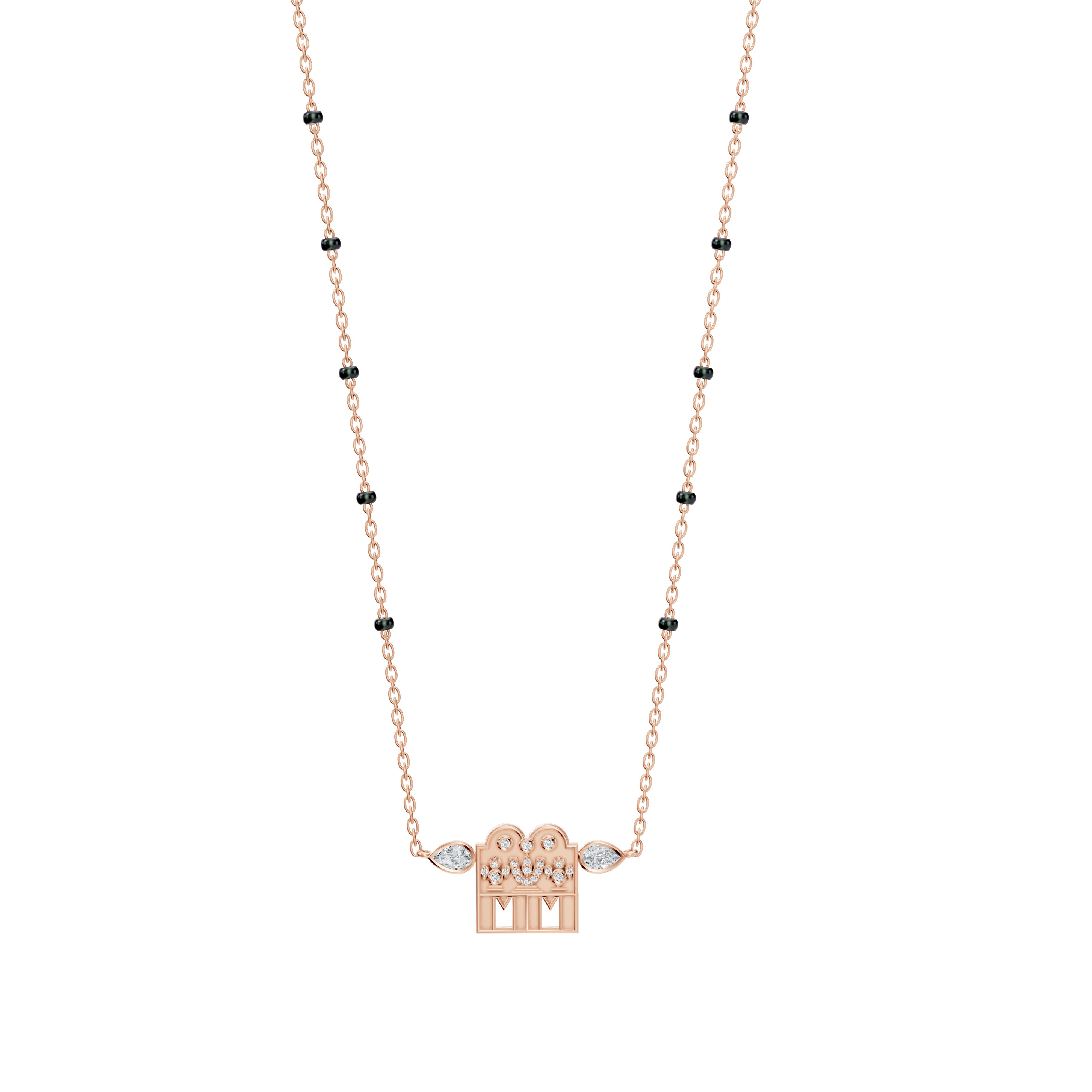 Main rose gold mangalsutra view highlighting the poetic balance of five gold beads, a central heritage pendant, and refined diamond flourishes on Modern Mangal’s Kavitha Mangalayam.