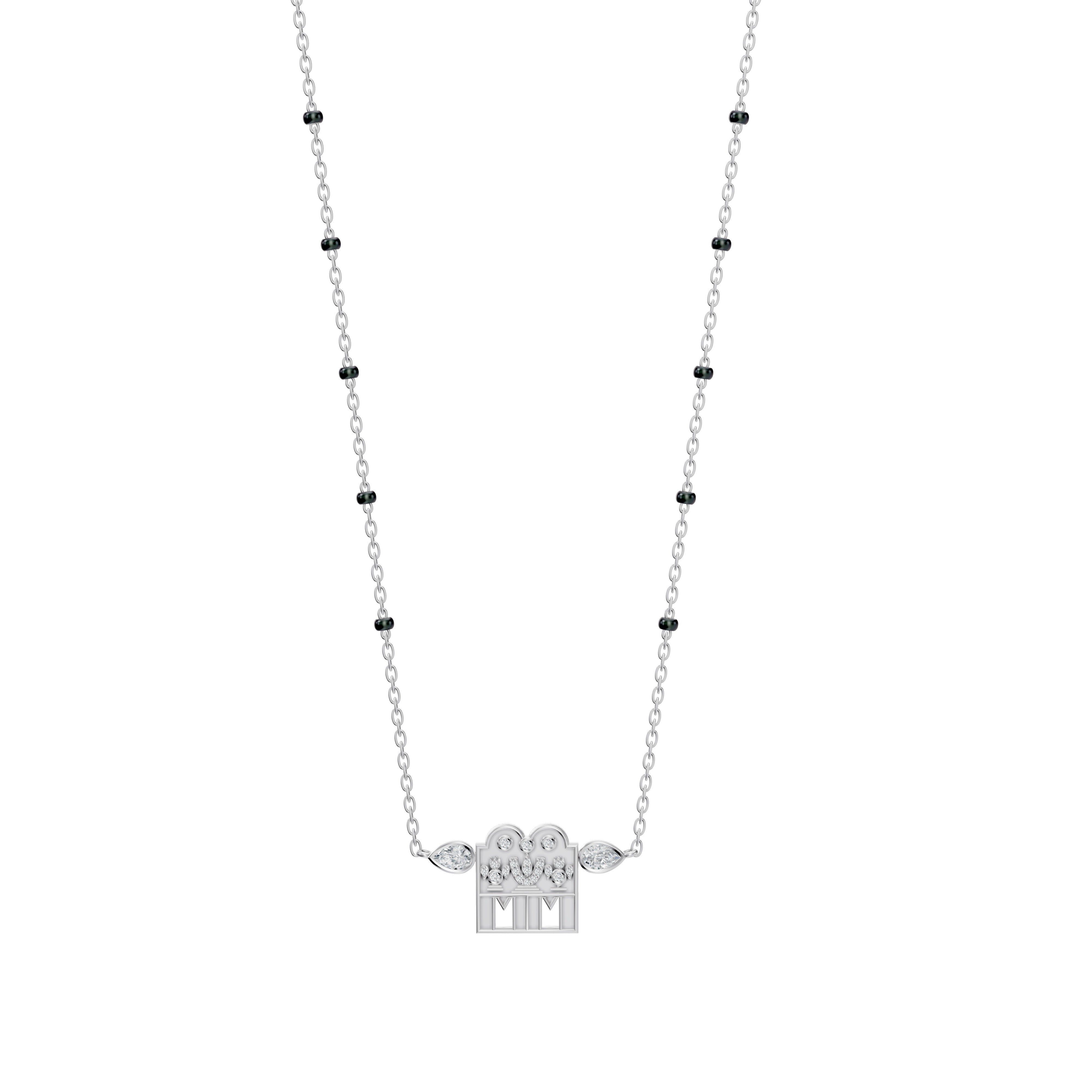 Main necklace view of the white gold Modern Mangal Kavitha Mangalayam, featuring an elegant arrangement of angular gold beads, central diamond pendant, and side pear-shaped bezels for a poetic silhouette.