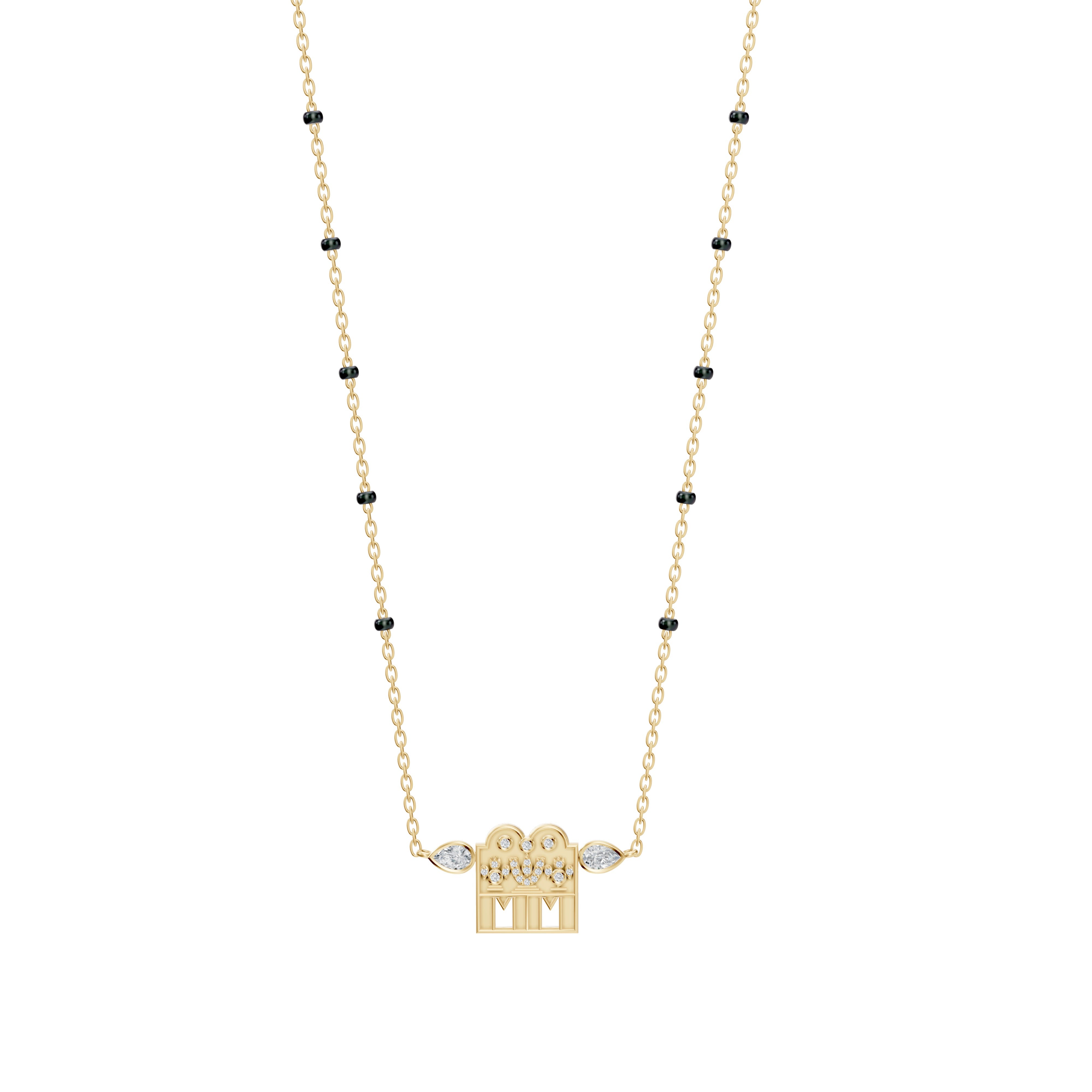 Main view length display of the Modern Mangal Kavitha Mangalayam mangalsutra in yellow gold, highlighting its structured rhythm of five gold beads and centered lab-grown diamond pendant with pear diamond accents.