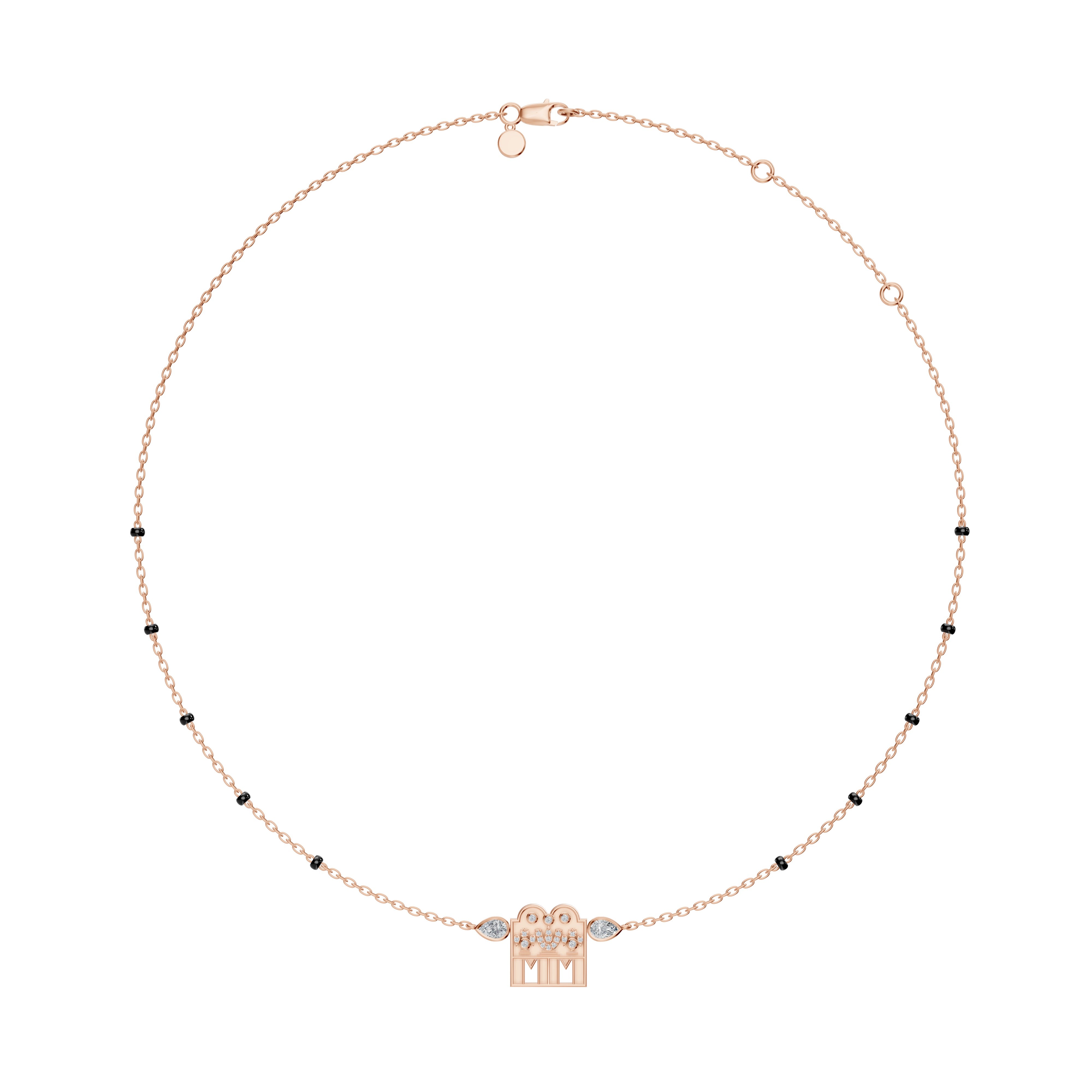 Elegant rose gold version of the Modern Mangal Kavitha Mangalayam necklace, capturing the warmth of romance with a diamond-studded Shivling pendant and keri motif-inspired diamond accents