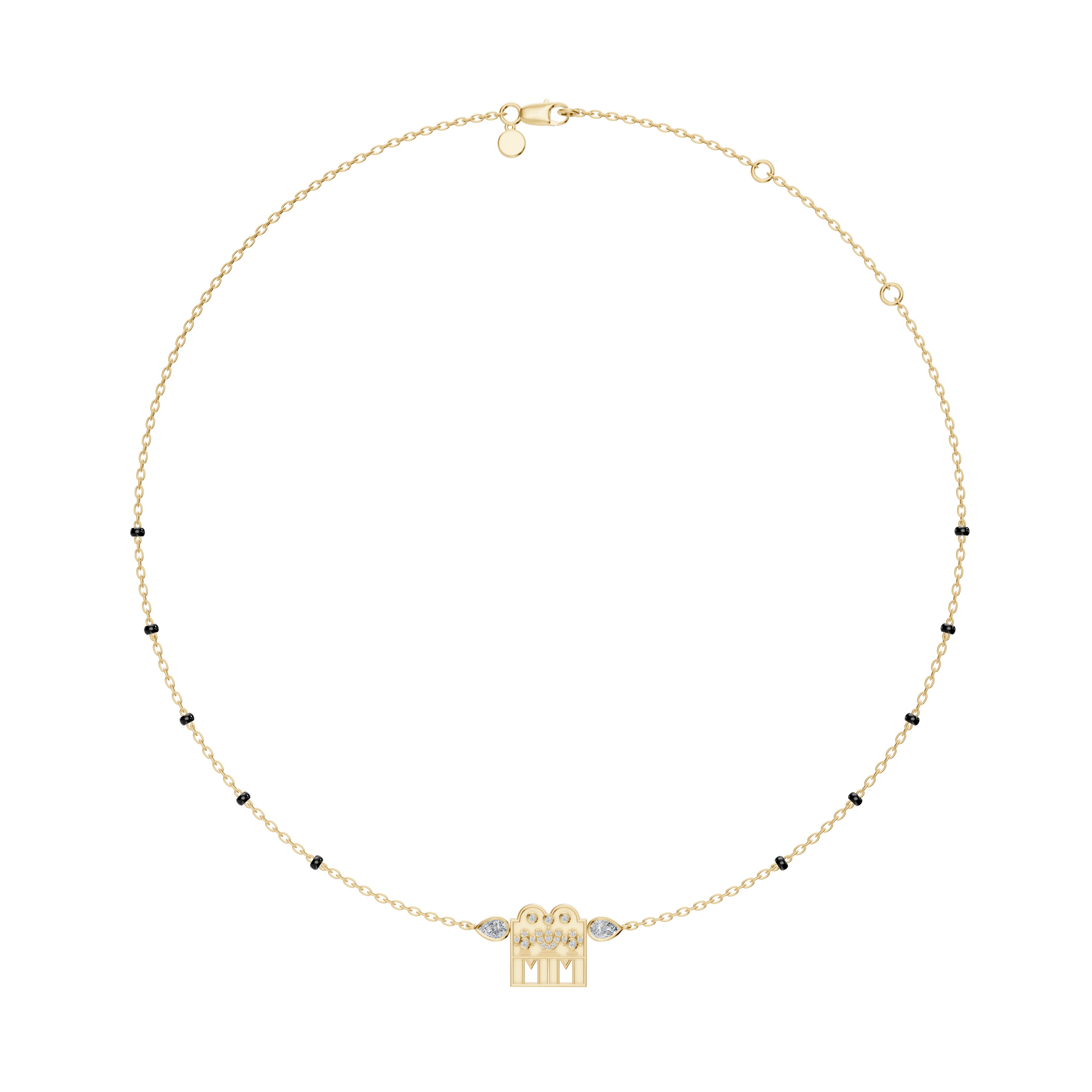 Full view image of the Modern Mangal Kavitha Mangalayam necklace in yellow gold, showcasing its diamond-encrusted Shivling pendant and symbolic keri-inspired side diamonds, set on a meditative 5-bead Circle Chain.
