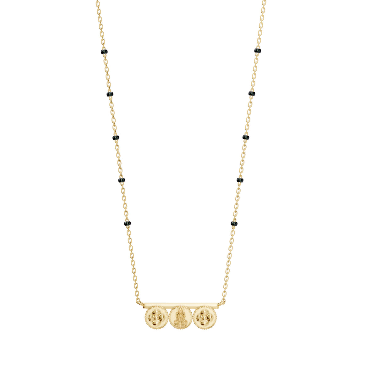 Keya Thaali in 18K yellow gold with pushpa and Lakshmi kasu coin thaali charms, front view