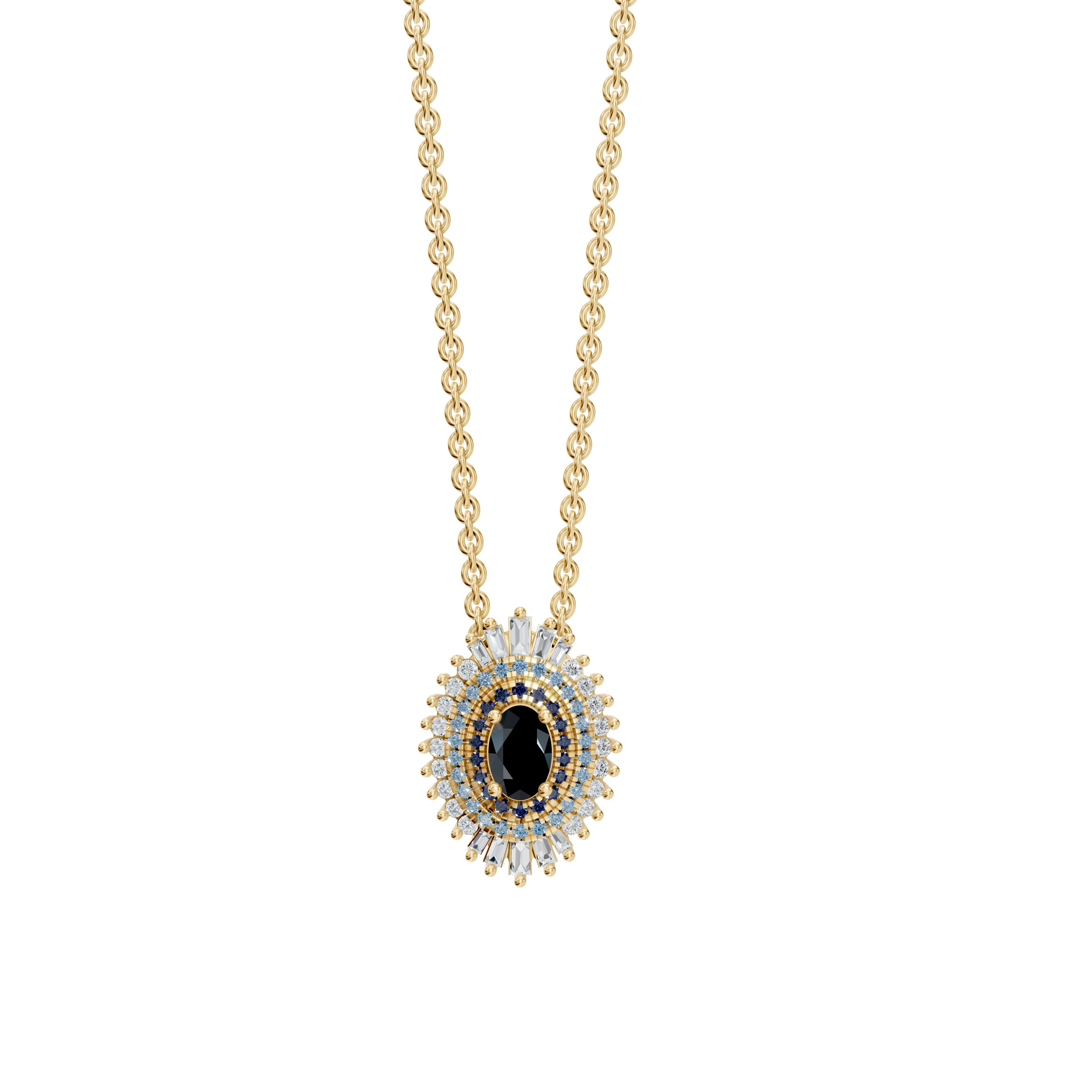 Leila Necklace in Yellow Gold featuring a bold black onyx center, blue sapphires for protection, and diamond accents, creating a timeless evil eye silhouette from Modern Mangal.