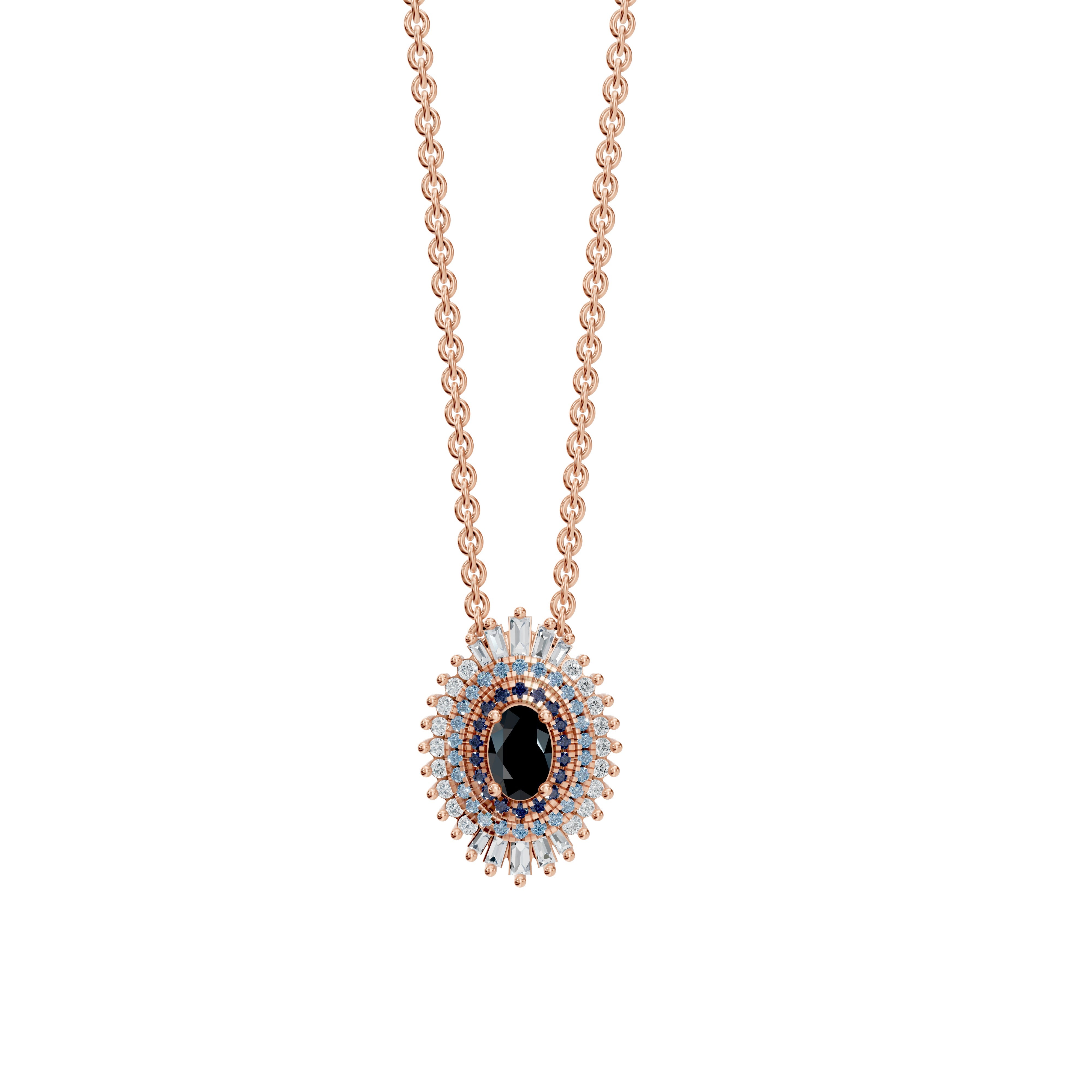 Modern Mangal’s Leila Necklace in Rose Gold with warm-toned elegance, featuring black onyx, bands of blue sapphire, and diamond accents in a symbolic evil eye motif.