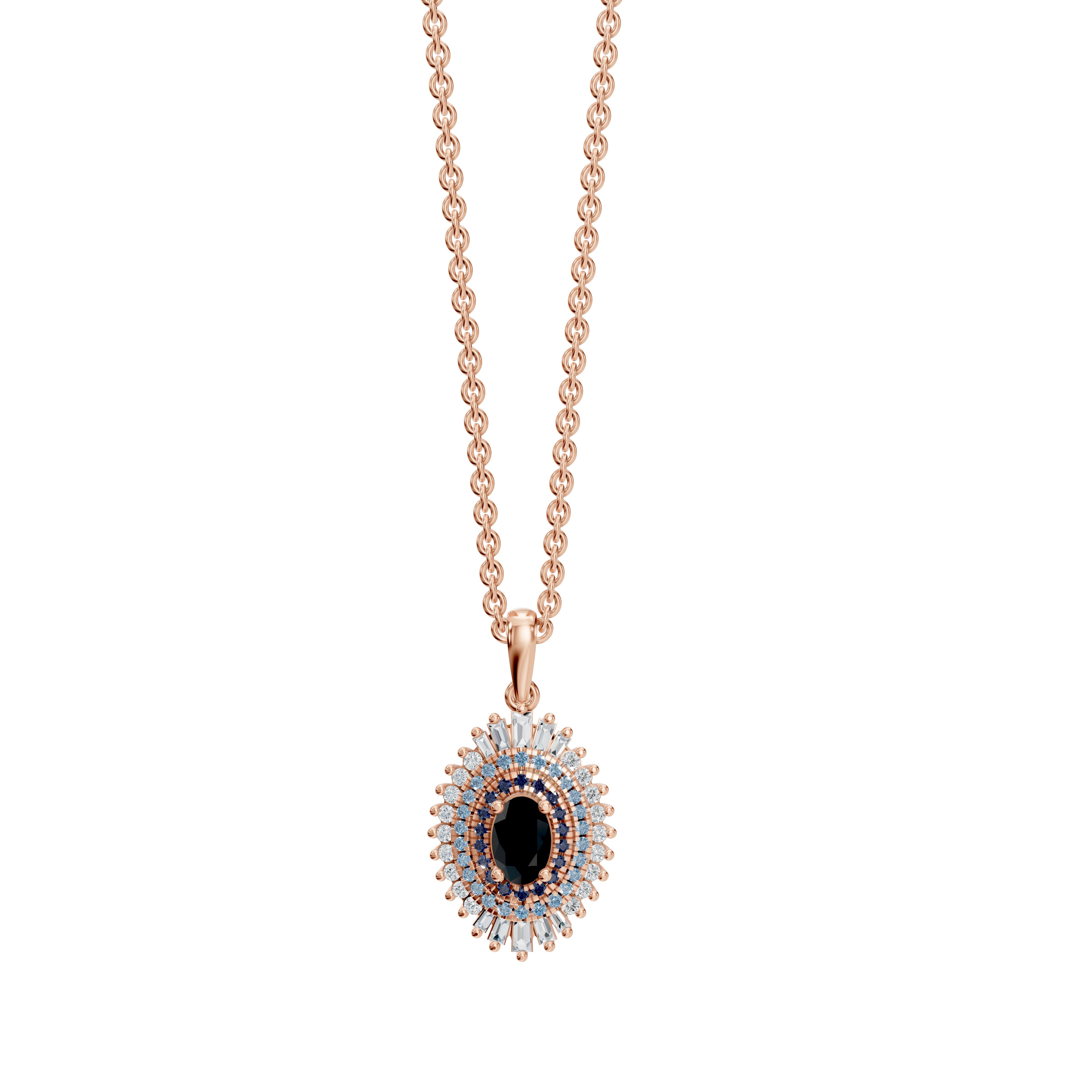 Modern Mangal’s Leila Necklace in Rose Gold exudes warm-toned elegance, showcasing a symbolic evil eye motif with black onyx, bands of blue sapphire, and diamond accents. The pendant is designed with a sleek passthrough chain, allowing it to float effortlessly along the neckline for a seamless, modern finish.