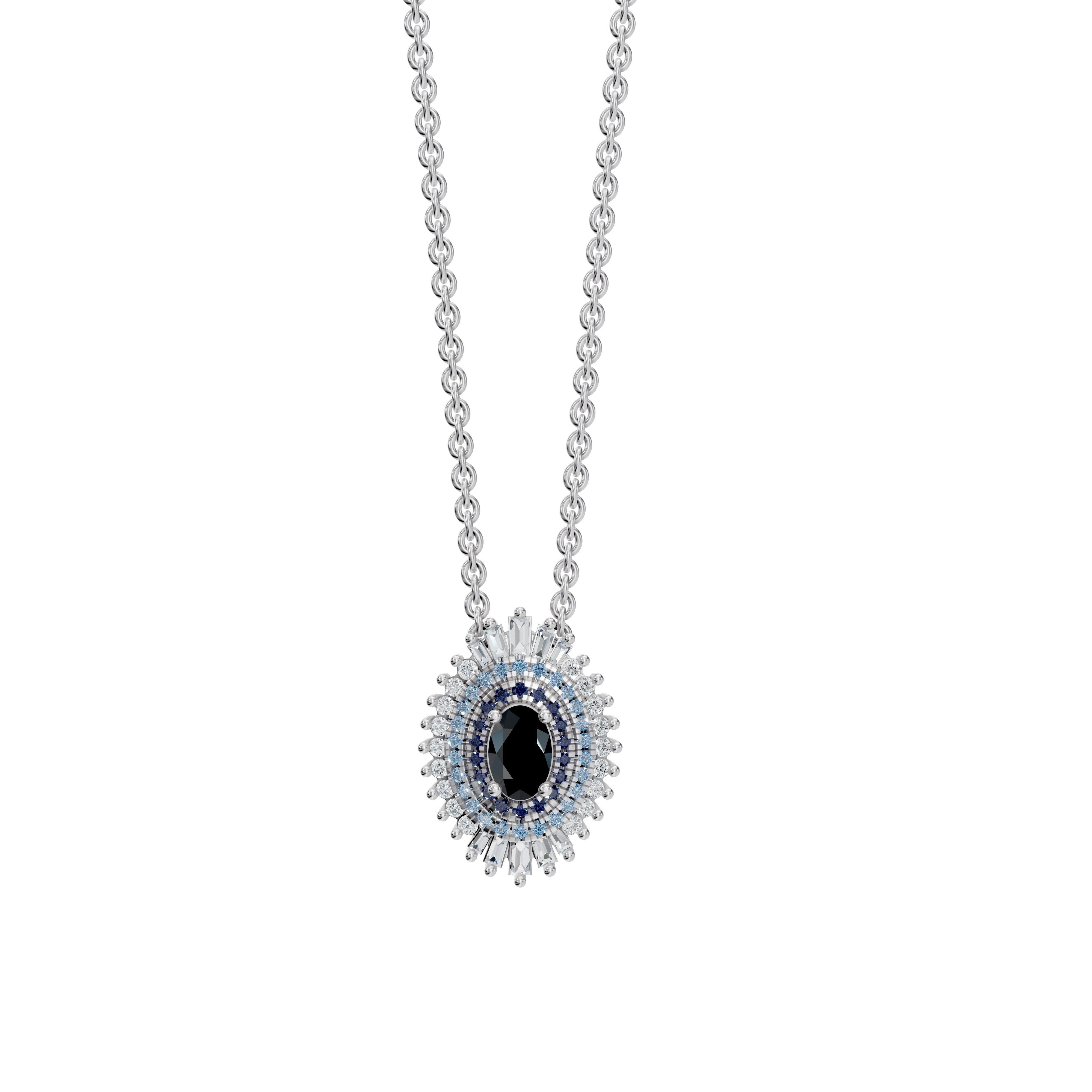 Leila Necklace in White Gold by Modern Mangal featuring blue sapphires, diamonds, and black onyx in a sleek evil eye silhouette a symbol of strength and clarity.