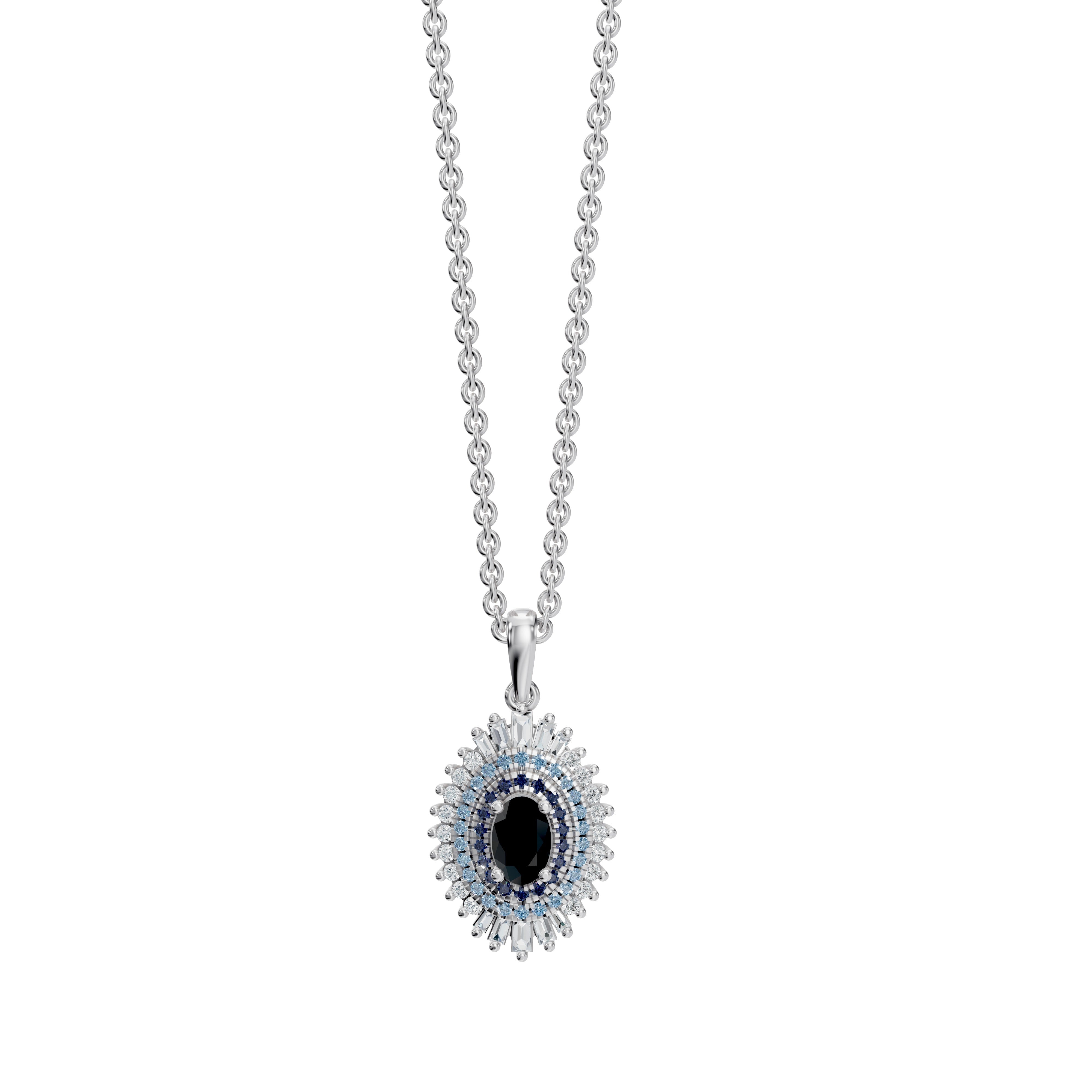 Modern Mangal’s Leila Necklace in White Gold showcases a sleek evil eye silhouette an emblem of strength and clarity crafted with blue sapphires, black onyx, and sparkling diamonds. The pendant features a streamlined passthrough design, allowing the chain to glide effortlessly through for a clean, contemporary finish.  