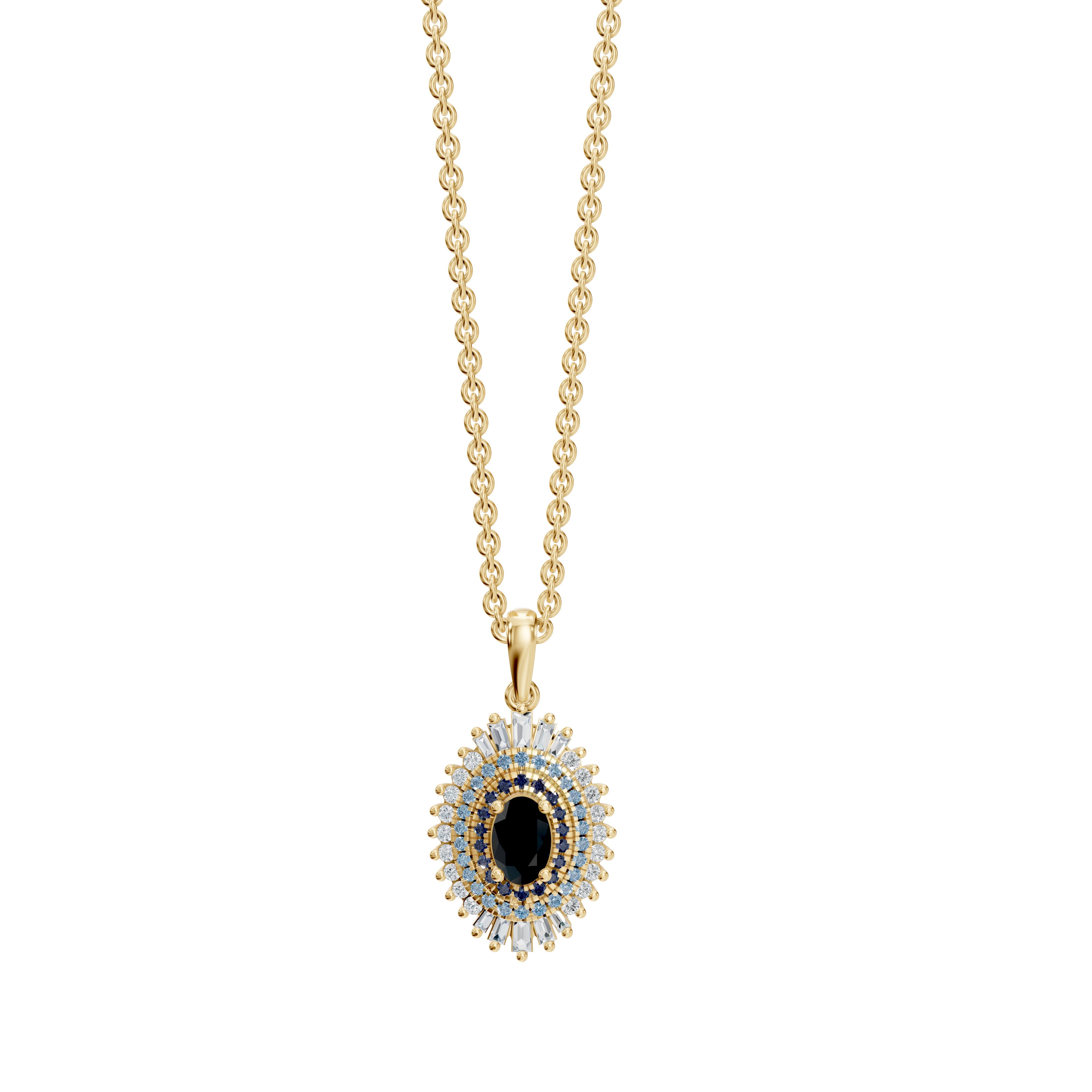 Modern Mangal’s Leila Necklace in Yellow Gold showcases a timeless evil eye silhouette, centered around a bold black onyx, flanked by blue sapphires for protection and sparkling diamond accents. The pendant features a sleek passthrough design, allowing the chain to glide seamlessly through for a clean, contemporary finish that enhances its talismanic elegance.